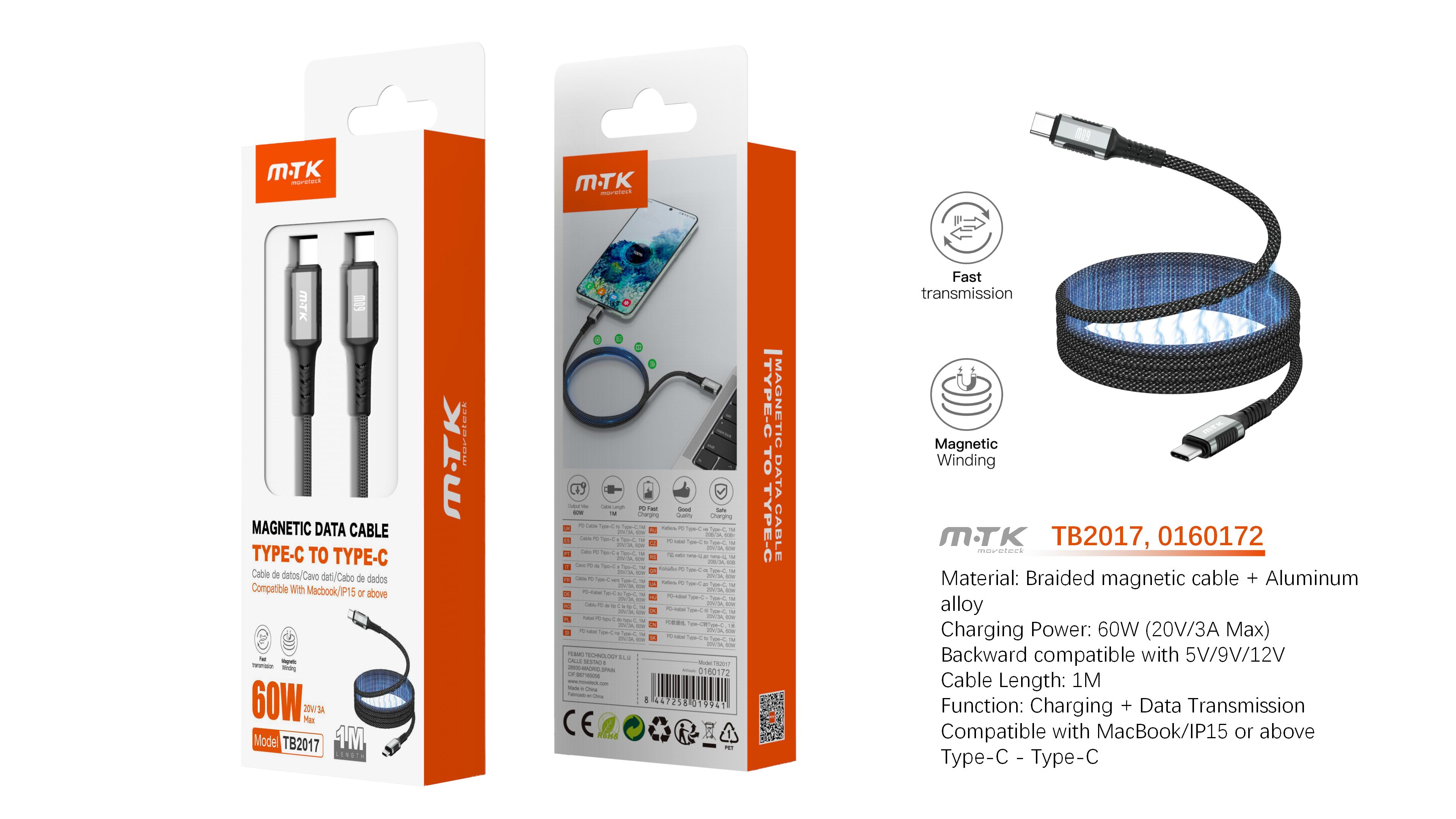 TB2017 NE Cable de datos Jex magnetico trenzado, Type-C a Type-C, Carga Rapida PD 60W/20V/3A, Cable