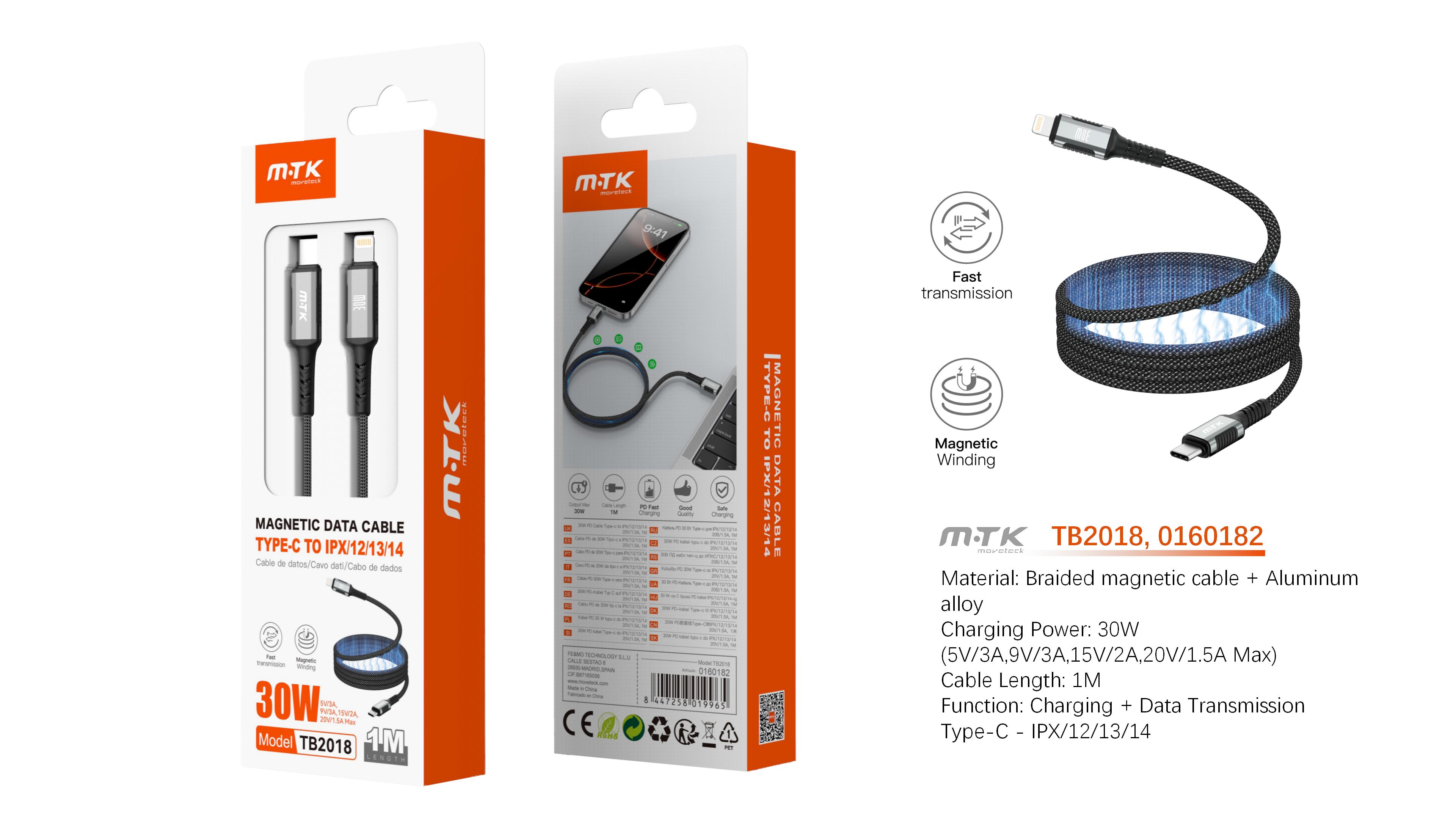 TB2018 NE Cable de datos Jex magnetico trenzado, Type-C a Iphone, Carga Rapida PD 30W/20V/1.5A, Cabl