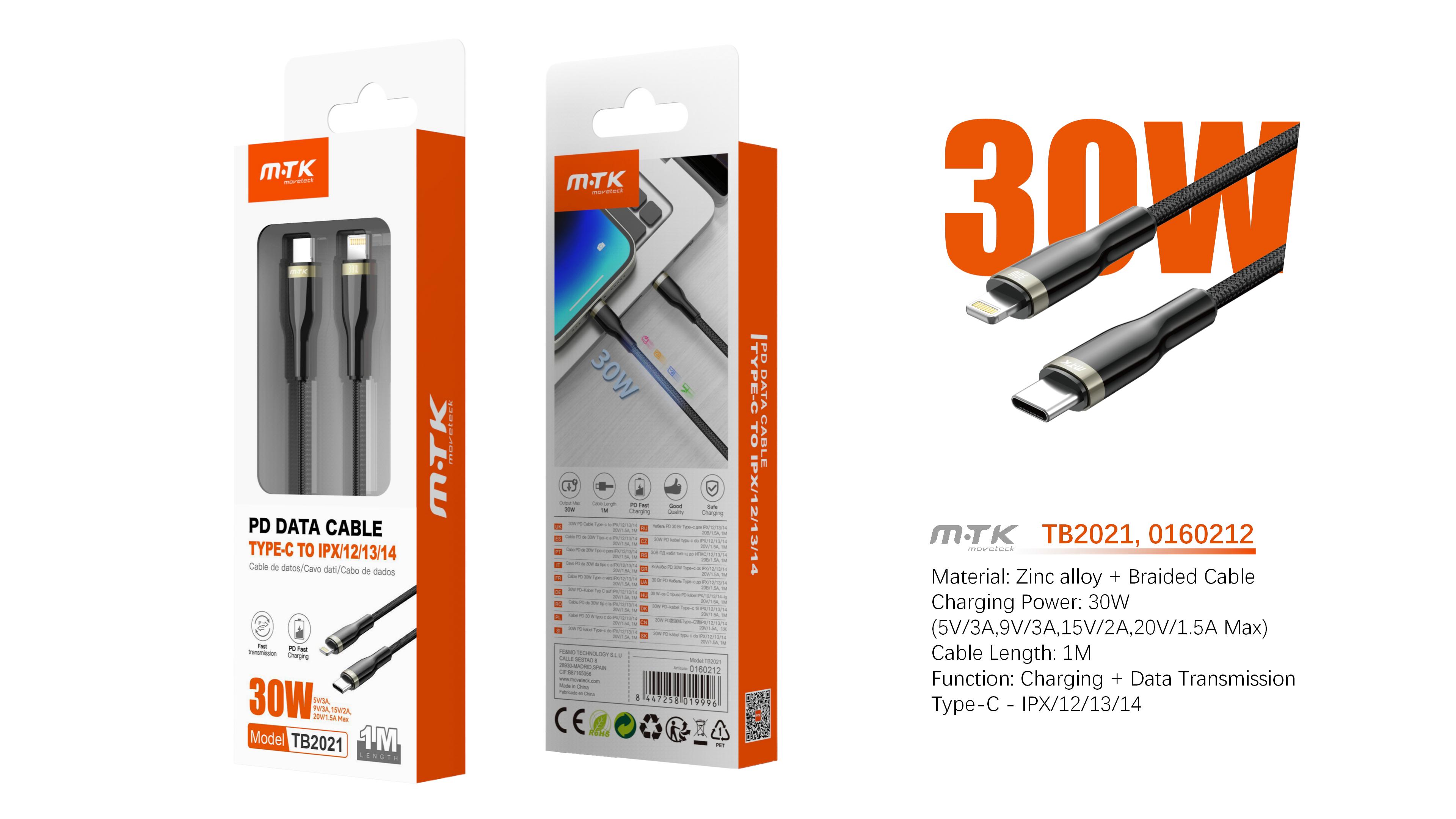 TB2021 NE Cable de Datos Zinc trenzado Ryl con carga rapida para Type-C a Iphone  30W/20V/1.5A/1M, B