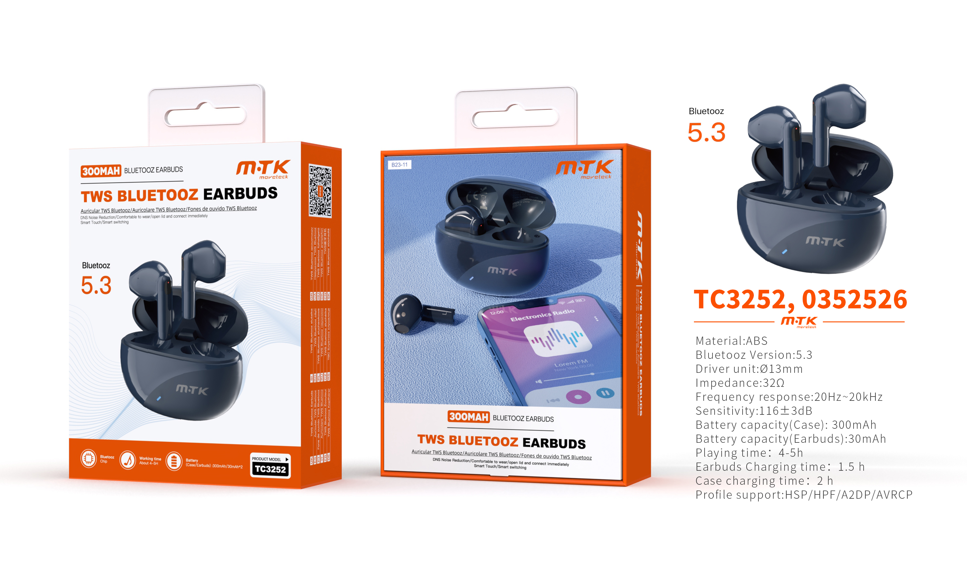 TC3252,AM Auriculares TWS Muffin Bluetooth 5.3, Batería (30mAh*2) con Estuche Recargable 300mAh, Azu