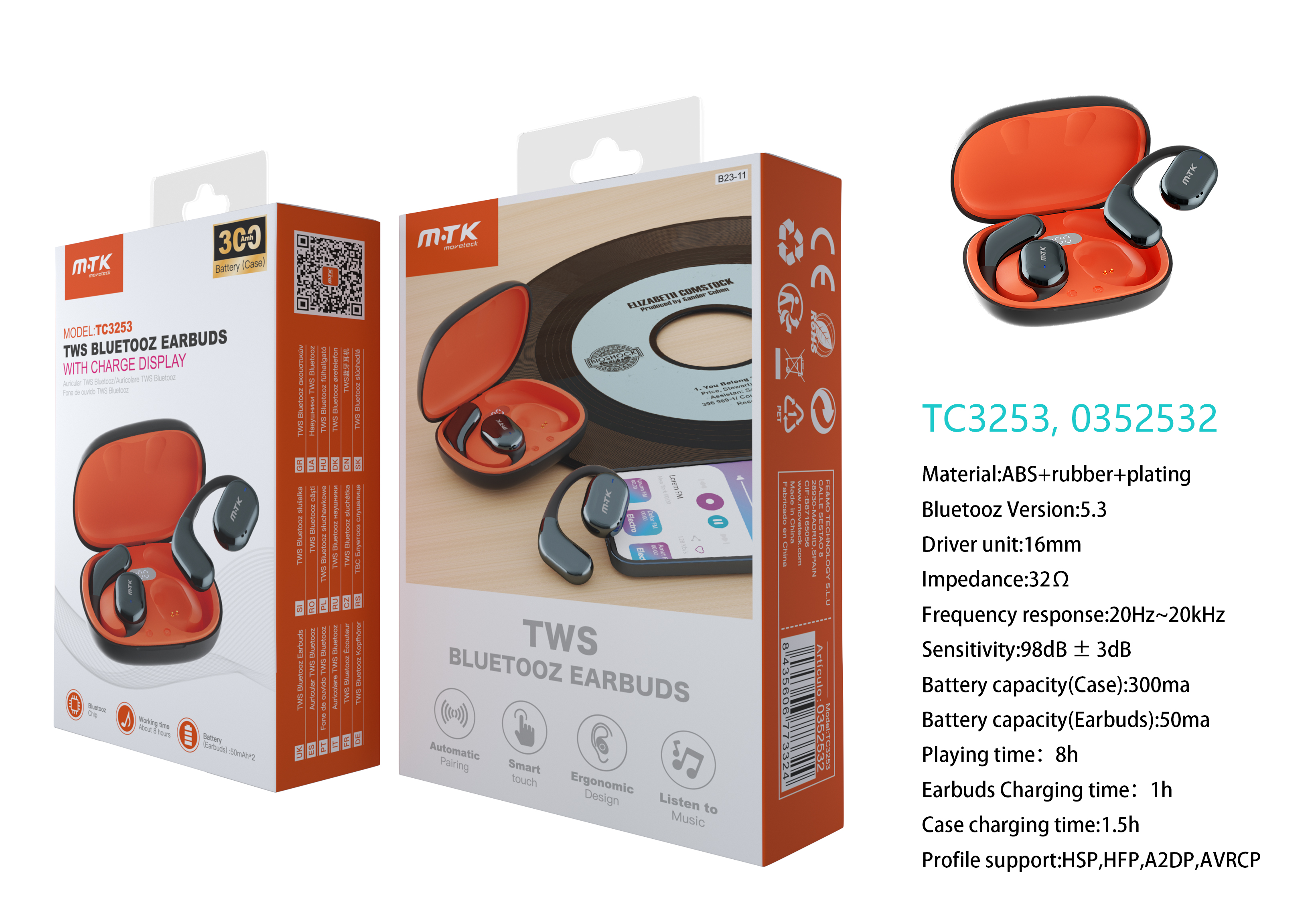 TC3253 NE Auriculares Boxer TWS BTS V5.3, Bateria Earbuds 50mAh*2 + Estuche 300mAh, con pantalla digital, 8h de uso, Negro