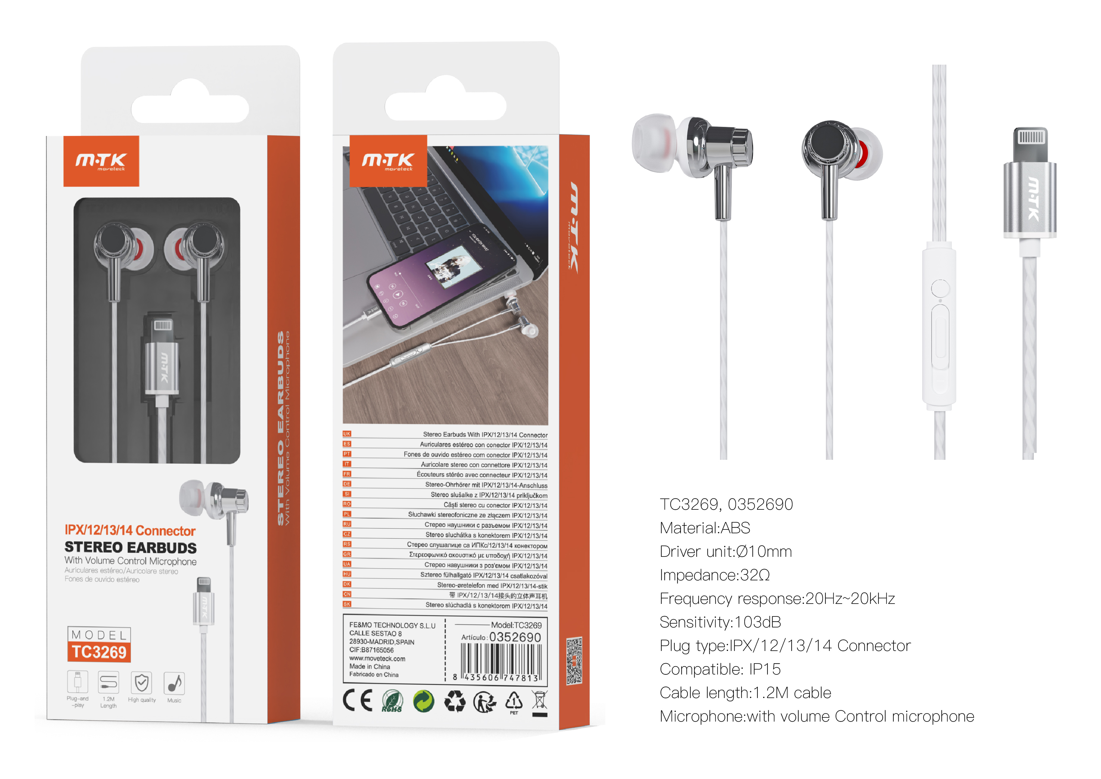 TC3269 BL+GR Auricular lightning Chiara con microfono y boton de llamada, Cable 1.2m, Blanco+Gris