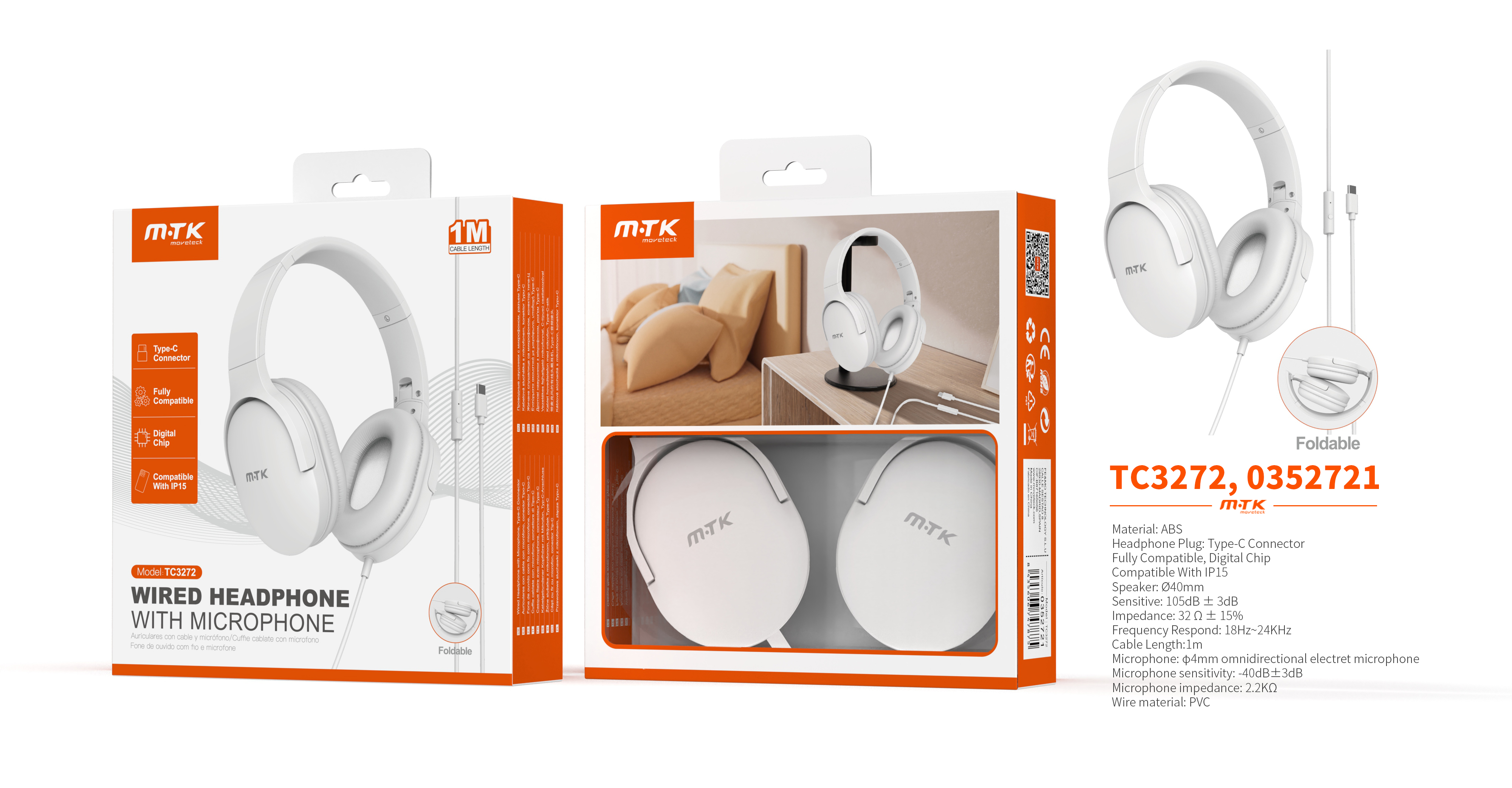 TC3272 BL Auriculares Casco Zor plegable con Cable Type-C y microfono, Cable 1.2m,Soporta apple, Bla