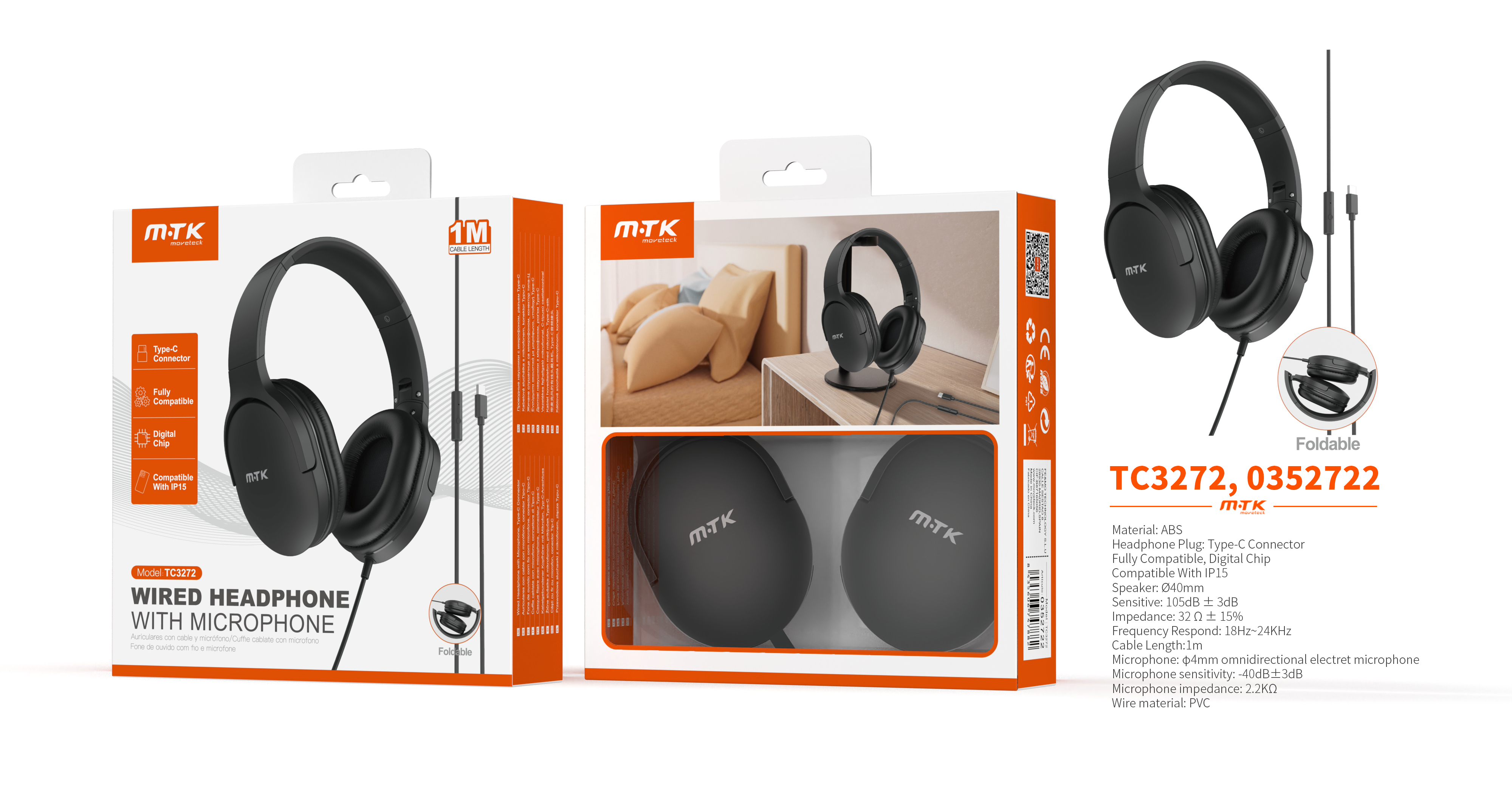 TC3272 NE Auriculares Casco Zor plegable con Cable Type-C y microfono, Cable 1.2m,Soporta apple, Neg