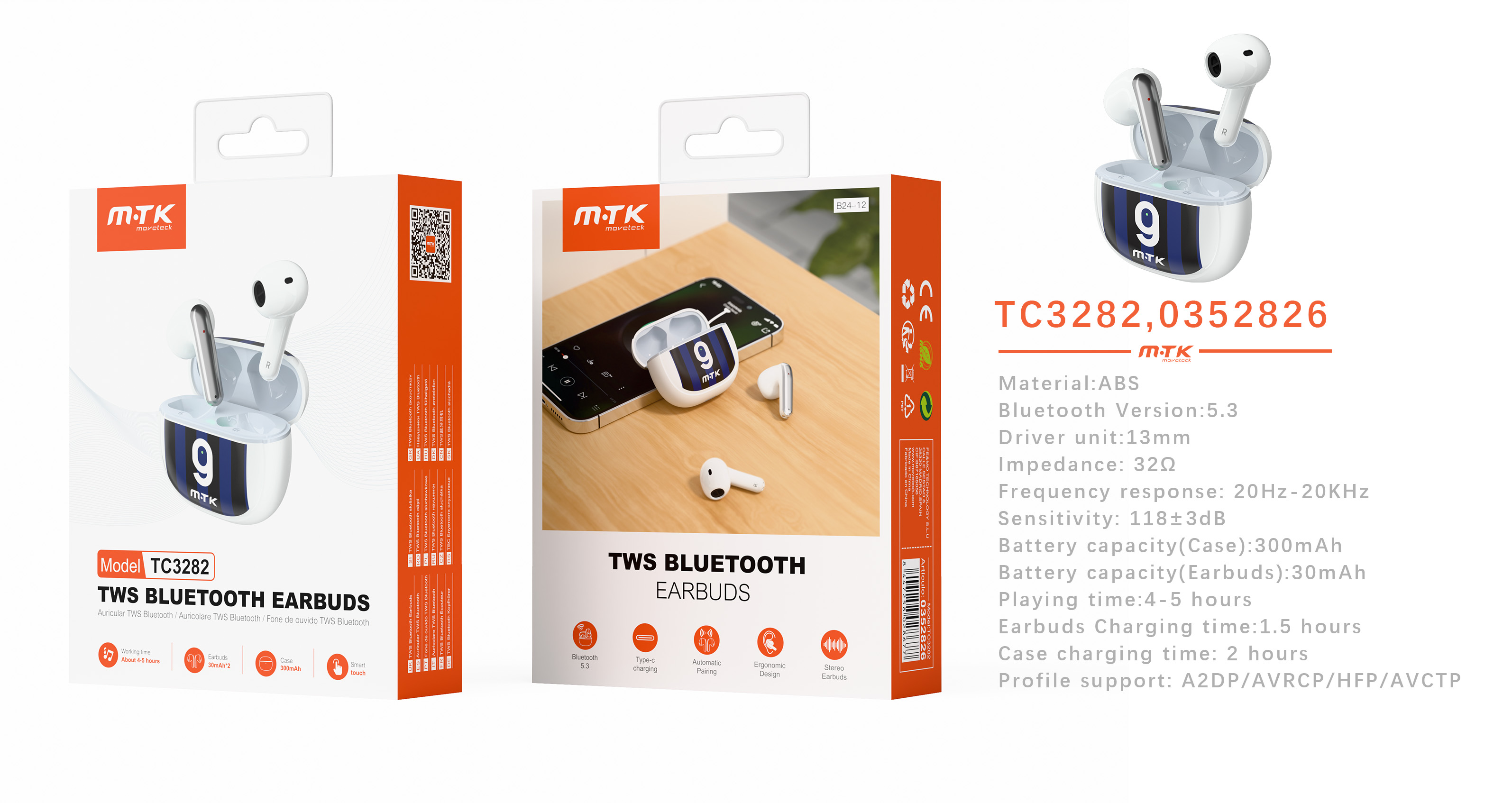 TC3282 Auriculares TWS Bluetooth 5.3, Bateria (30mAh*2)Con Estuche Recargable 300mAh,Diseno futbolis