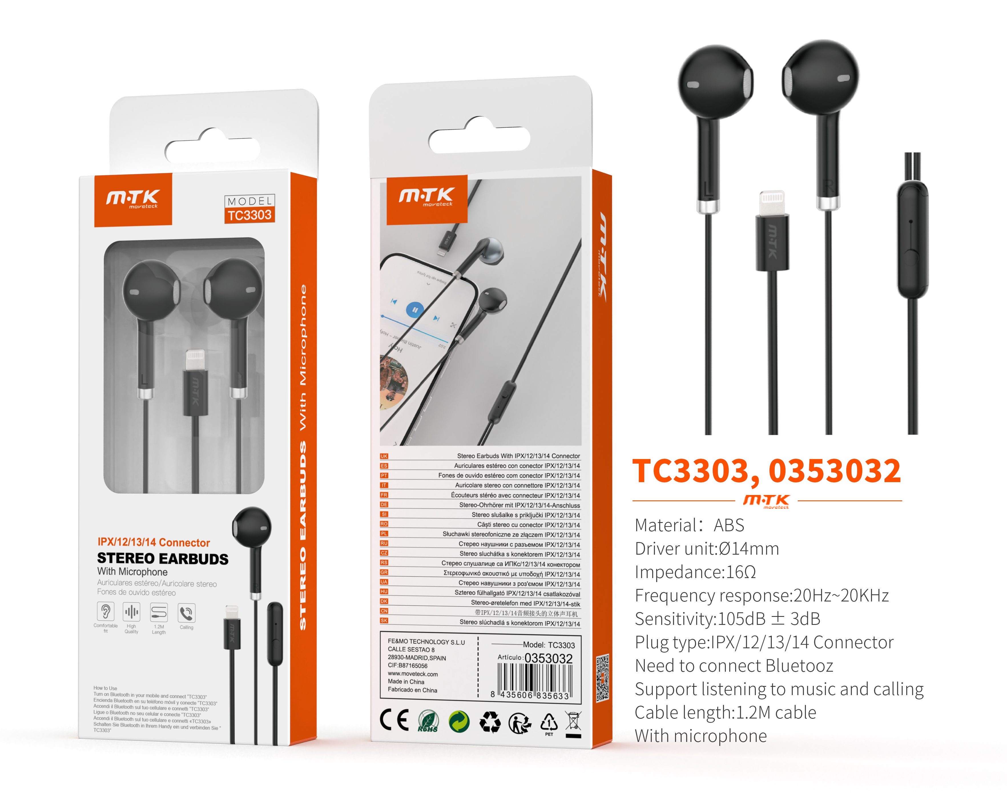 TC3303 NE Auricular Lightning Meldan con microfono , (Necesario Bluetooth)Cable 1.2m, Negro