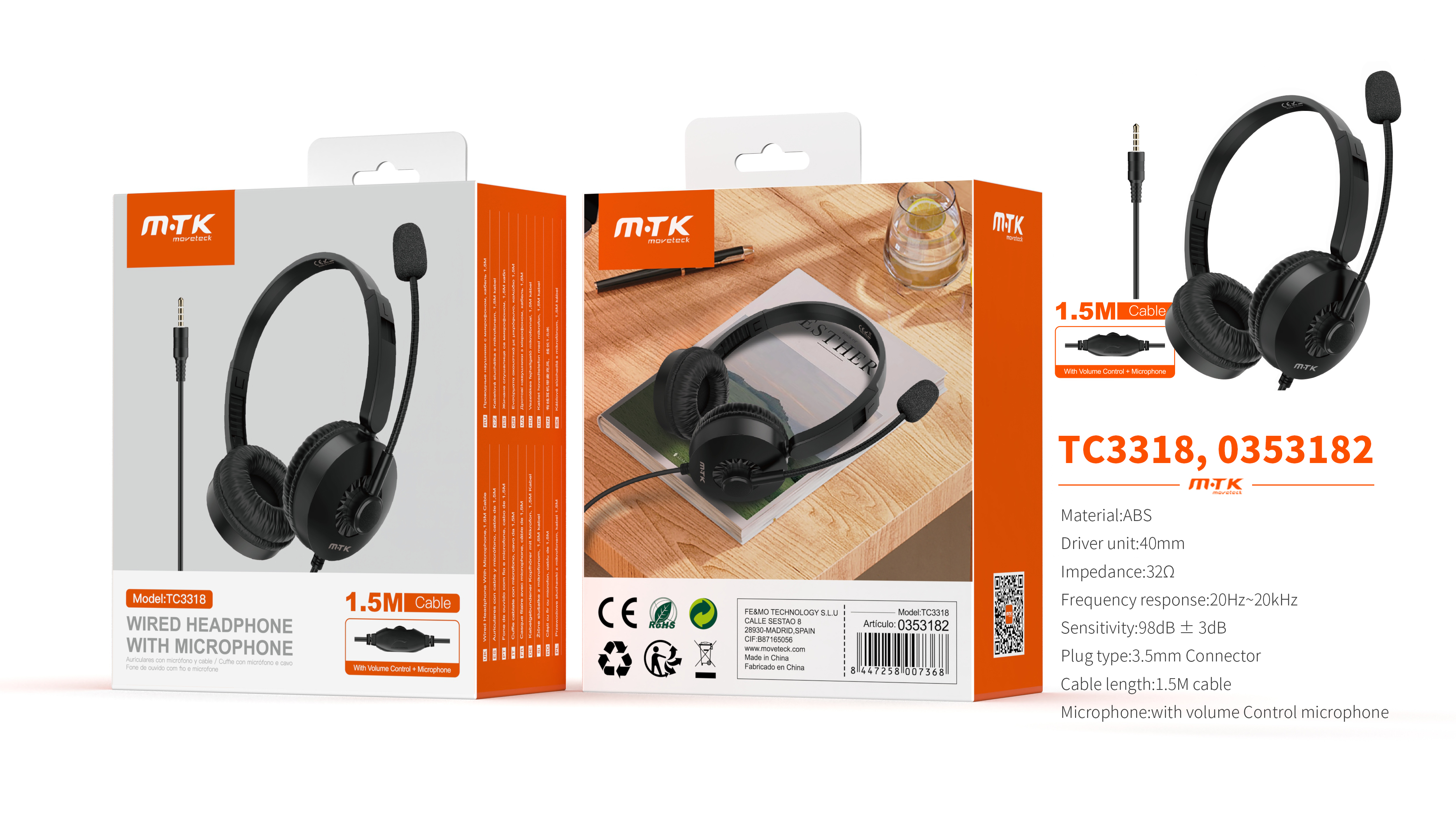 TC3318 NE Auricular con microfono y control de volumen, Cable de Jack 3.5mm 1.5metros, Negro