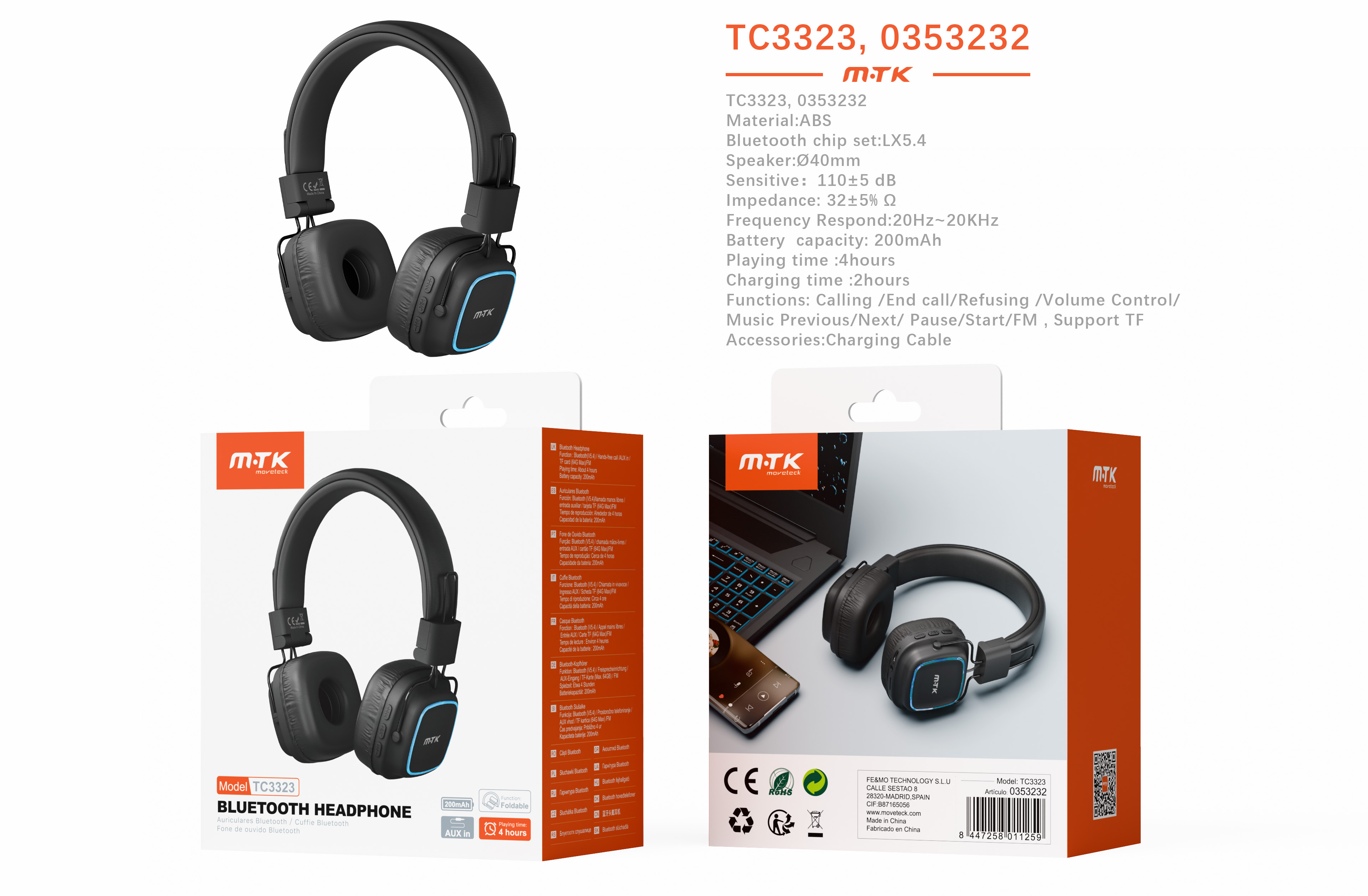 TC3323 NE Auriculares Casco plegable Bluetooth 5.4 con luz LED, Soporta llamadas/Tarjeta TF/Entrada