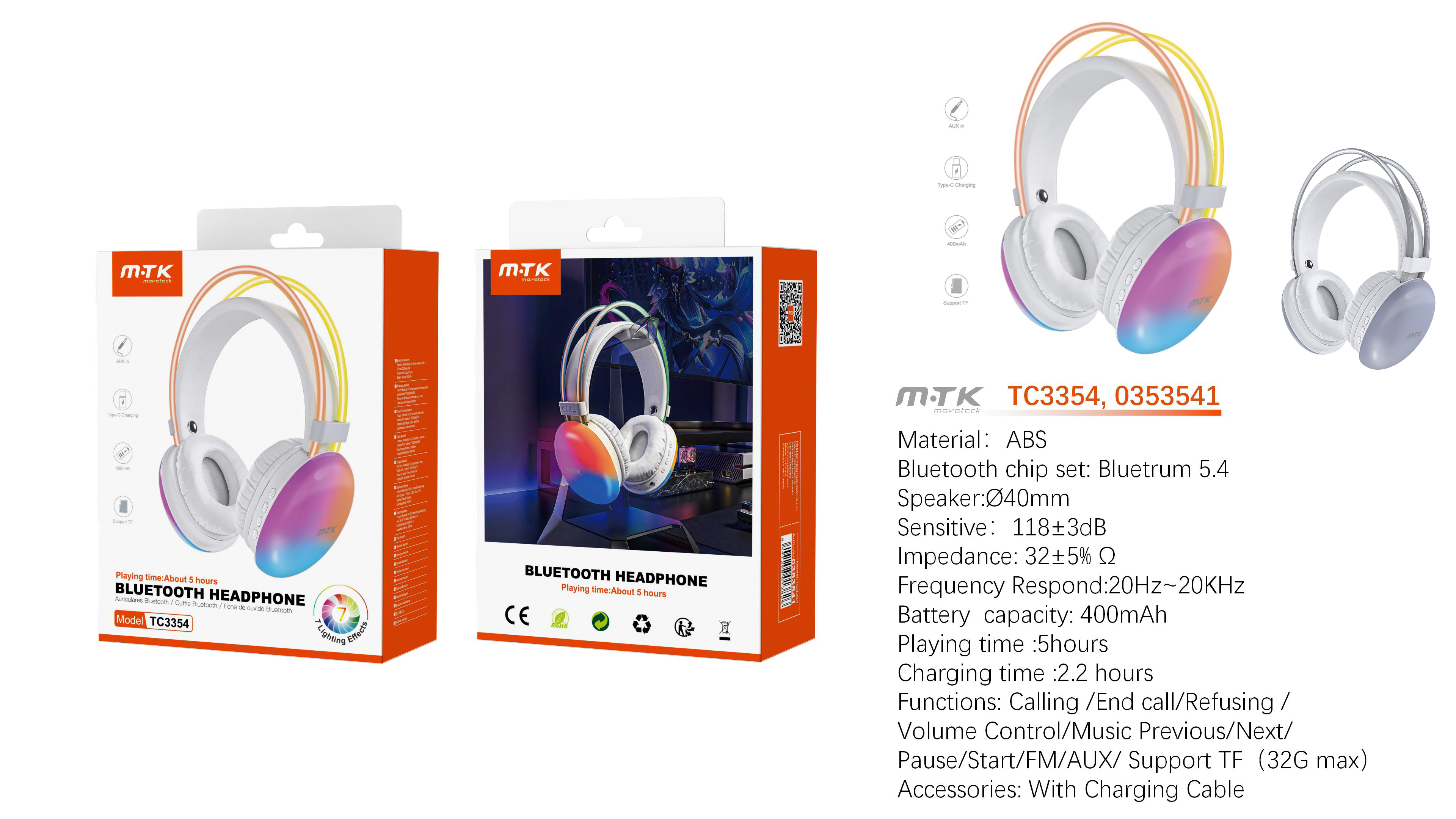 TC3354 BL Auriculares Casco Bluetooth 5.4 con luz ambiente RGB, Altavoz 40mm, Soporta llamadas/Tarje