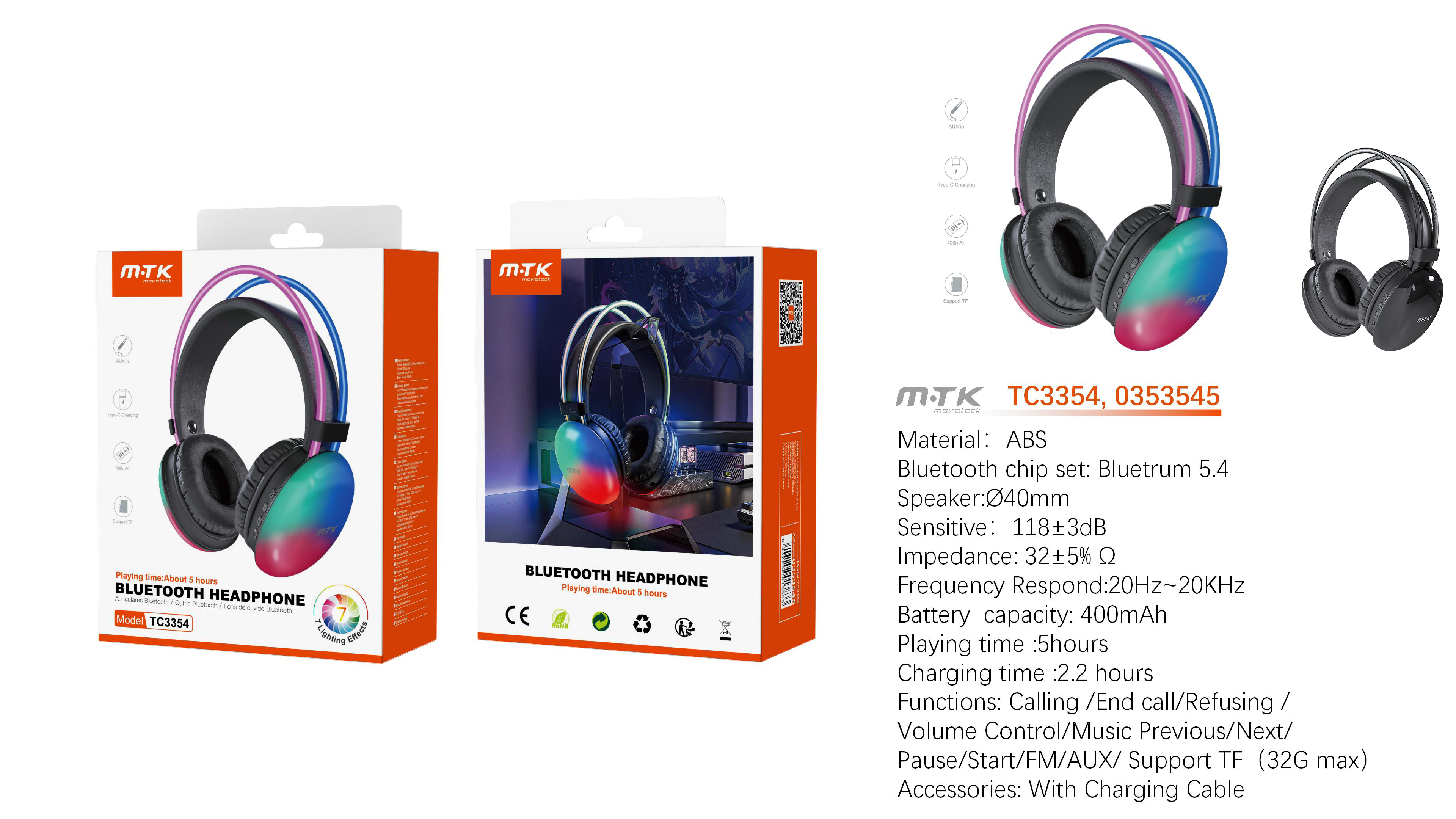 TC3354 NE Auriculares Casco Bluetooth 5.4 con luz ambiente RGB, Altavoz 40mm, Soporta llamadas/Tarje