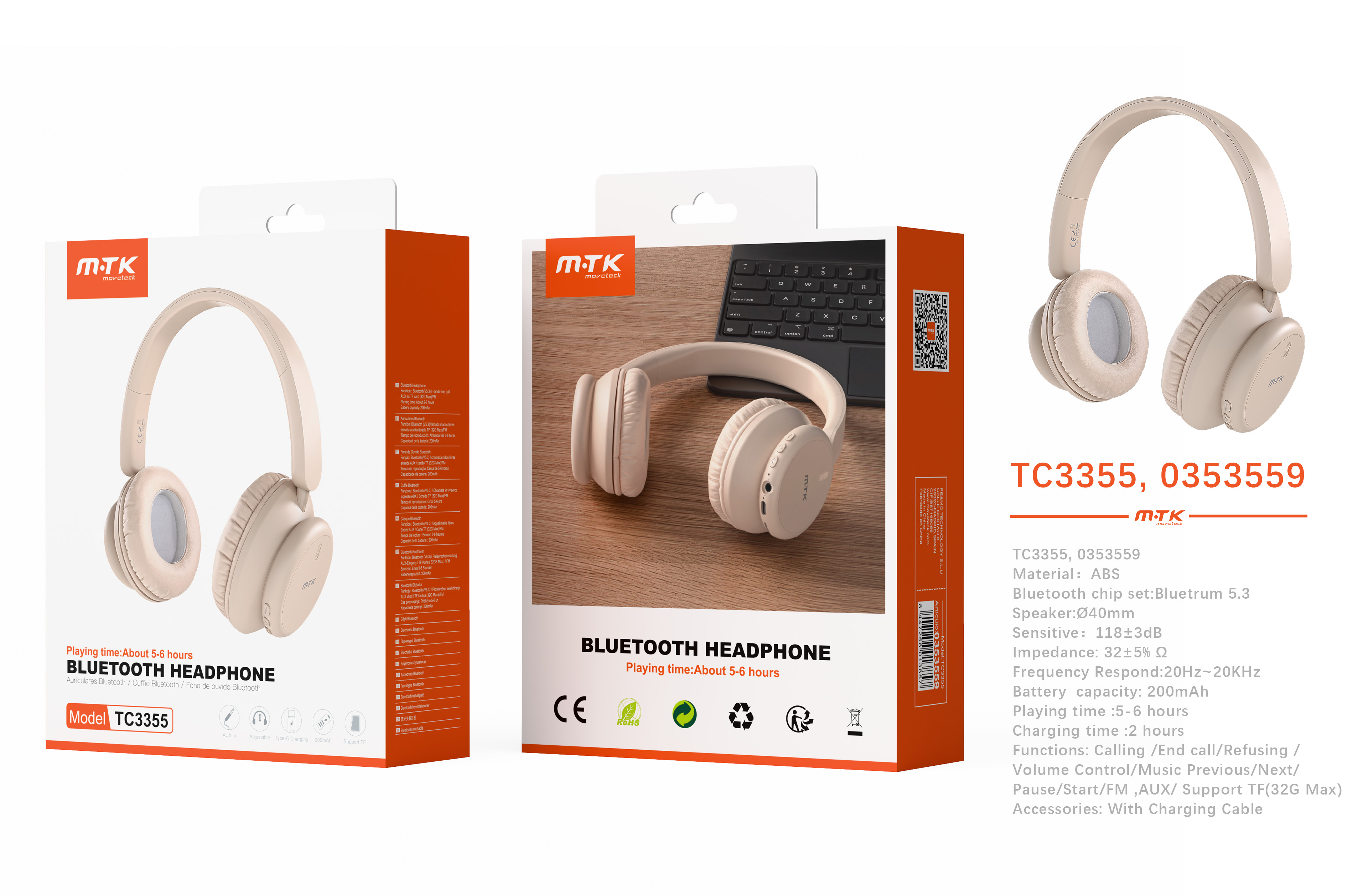 TC3355 OR Auriculares Casco Bluetooth 5.3, Altavoz 40mm, Soporta llamadas/Tarjeta TF/FM/Entrada AUX