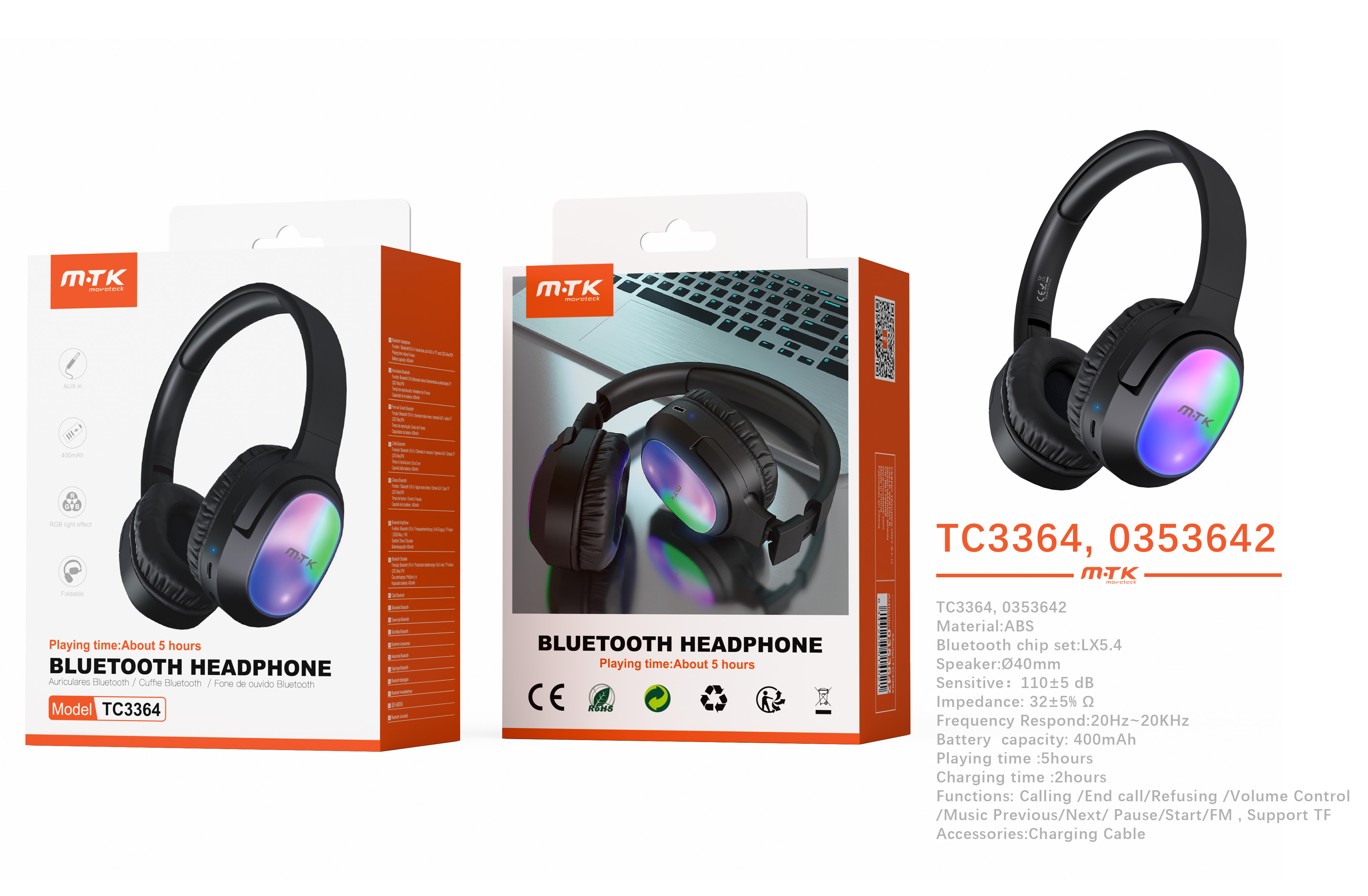 TC3364 NE Auriculares Casco plegable Bluetooth 5.4 con luz ambiente RGB, Altavoz 40mm, Soporta llamadas/Tarjeta TF/FM/Entrada AUX 3.5mm, Bateria 400mA