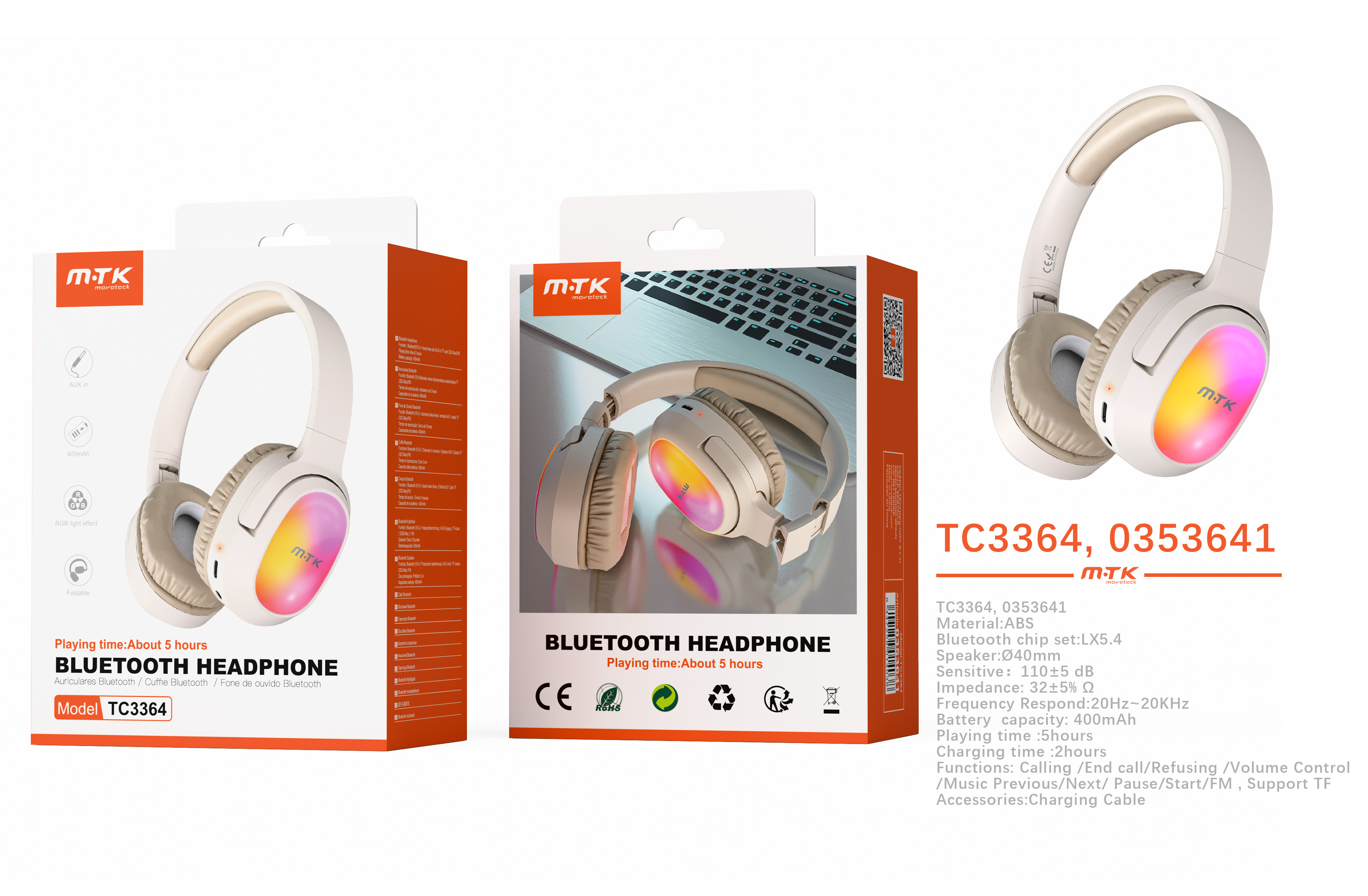 TC3364 OR Auriculares Casco plegable Bluetooth 5.4 con luz ambiente RGB, Altavoz 40mm, Soporta llamadas/Tarjeta TF/FM/Entrada AUX 3.5mm, Bateria 400mA