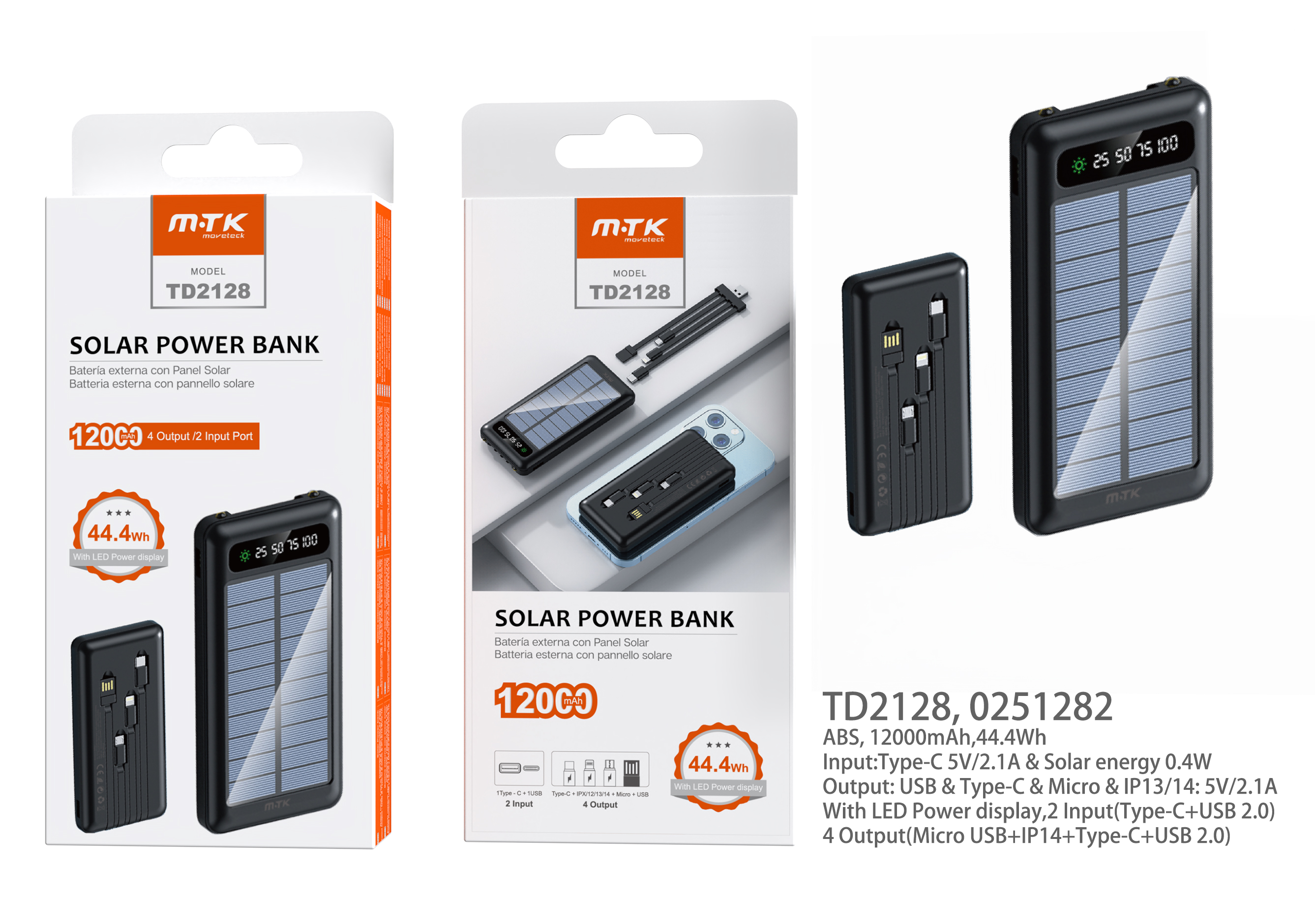 TD2128 NE PowerBANK AYA con Panel Solar  con luz de indicador 12000mAh/44.4Wh,2Entrada(Type-C+USB2.0), 4Salida con cable(Micro USB+Iphone+Type-C+USB2.