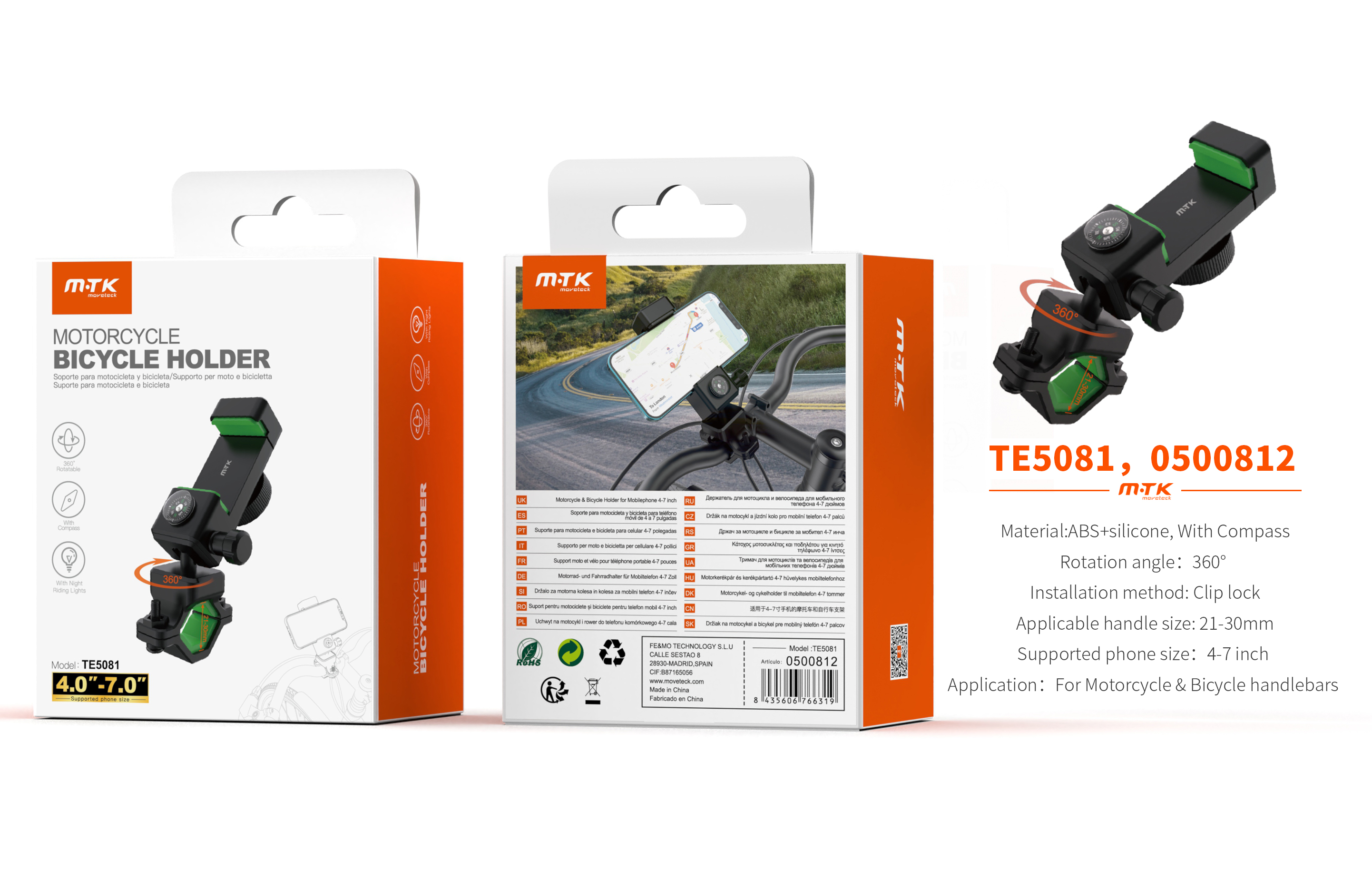 TE5081 NE Soporte Universal de movil para Moto y Bici, Incluye Brujula, 360¡ã Rotacion, 4-7 Pulgadas, Negro