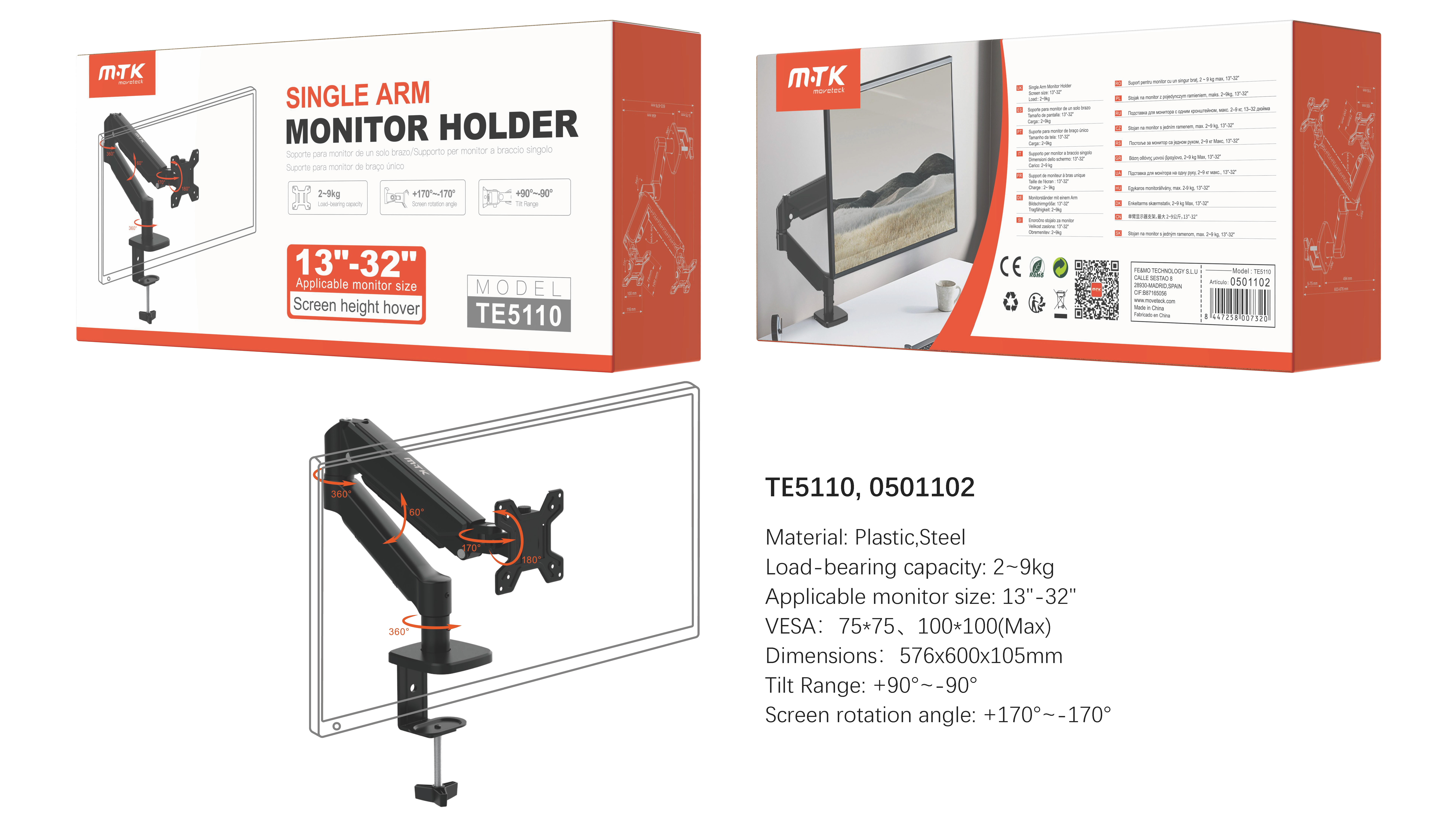 TE5110 NE Soporte universal para monitor 13-32 pulgadas, Peso maxima 9KG, Negro