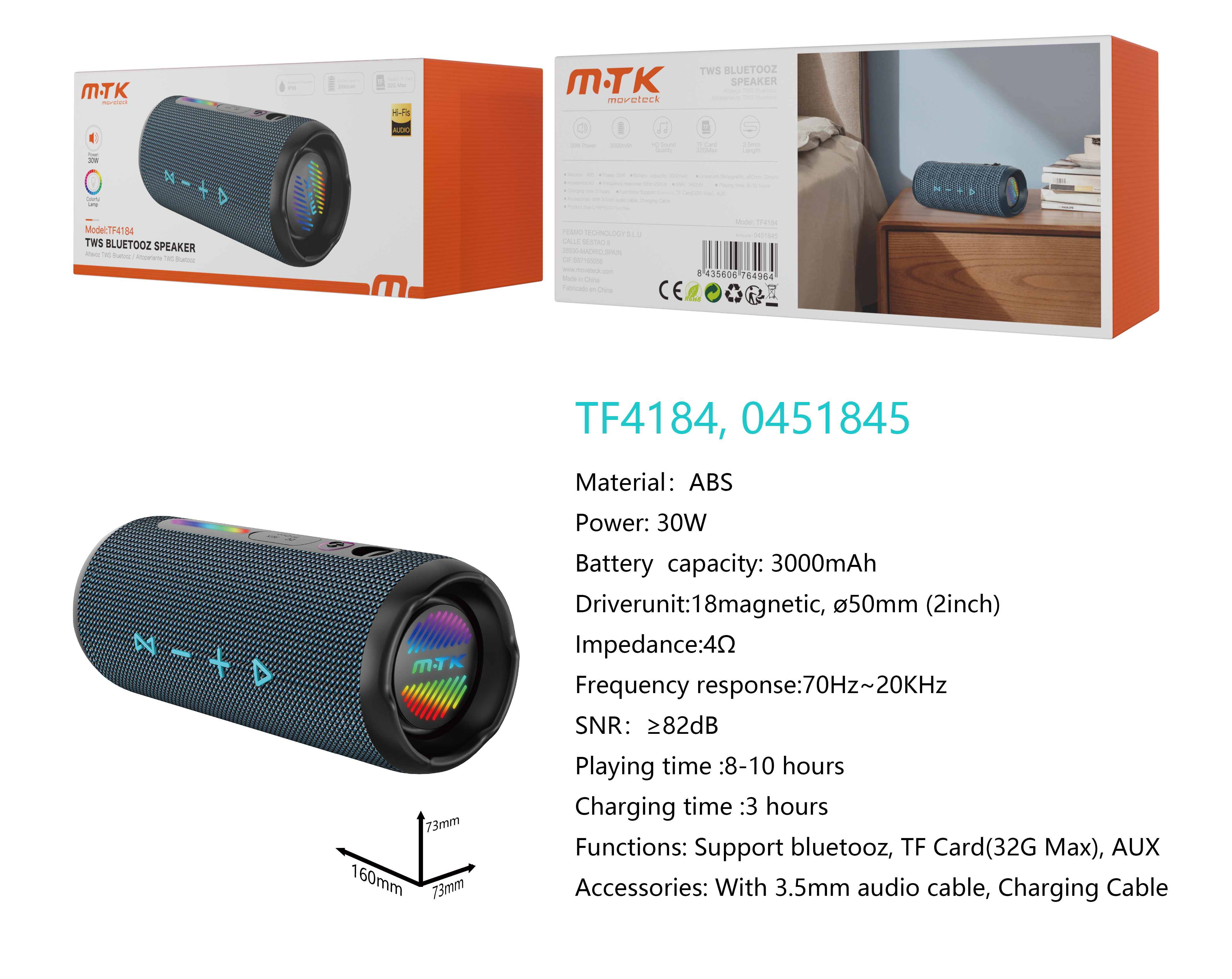 TF4184 AZ Luxury Altavoz TWS HIFI con Bluetooth, Luz RGB , Soporta AUX/TF(32G Max), 30W, Bateria 300