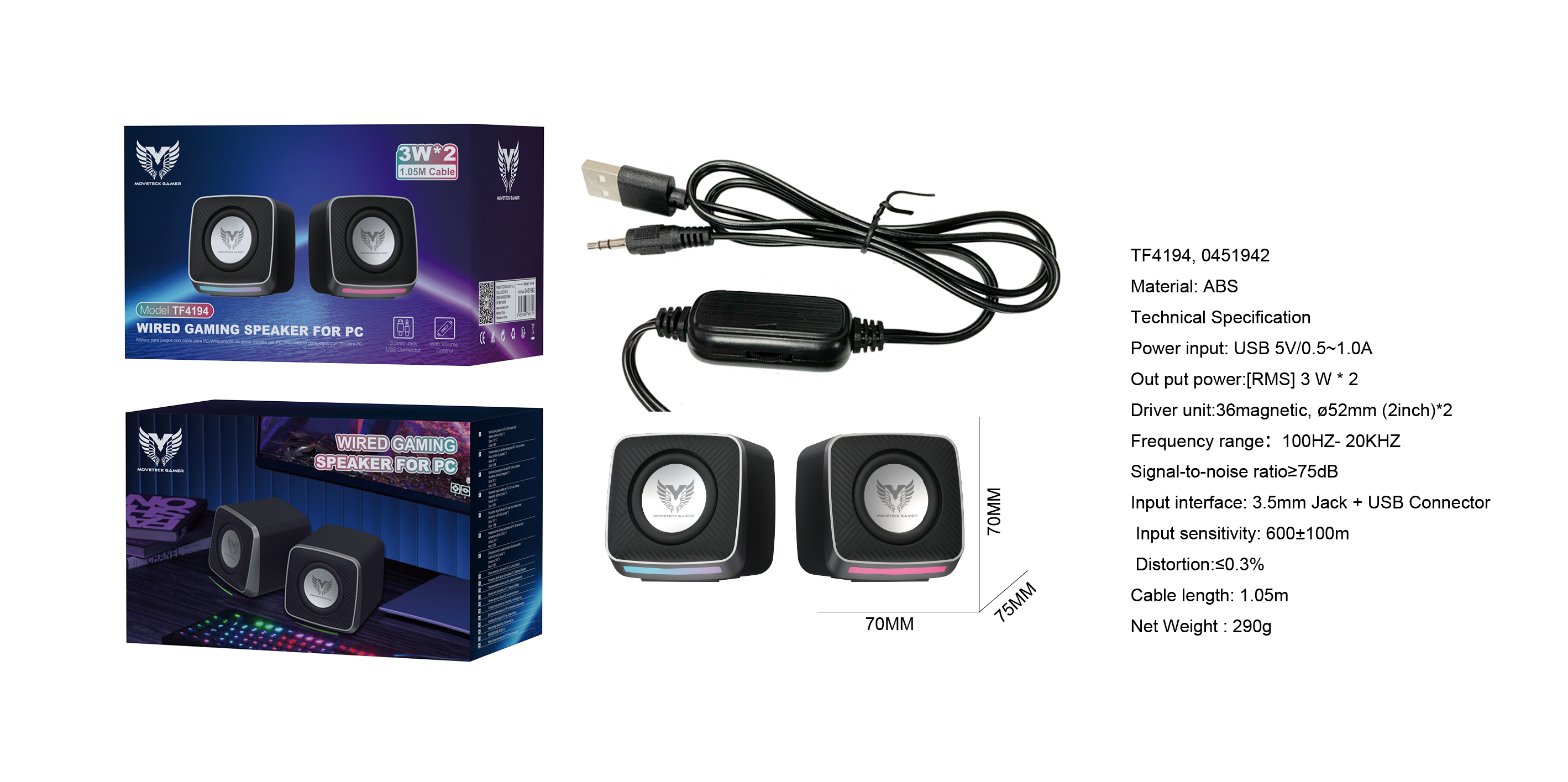 TF4194 NE Altavoz PC Gaming con Boton Contol de Volumen, Cable 1.5m/3.5mmJack+USB, 3W*2, Negro