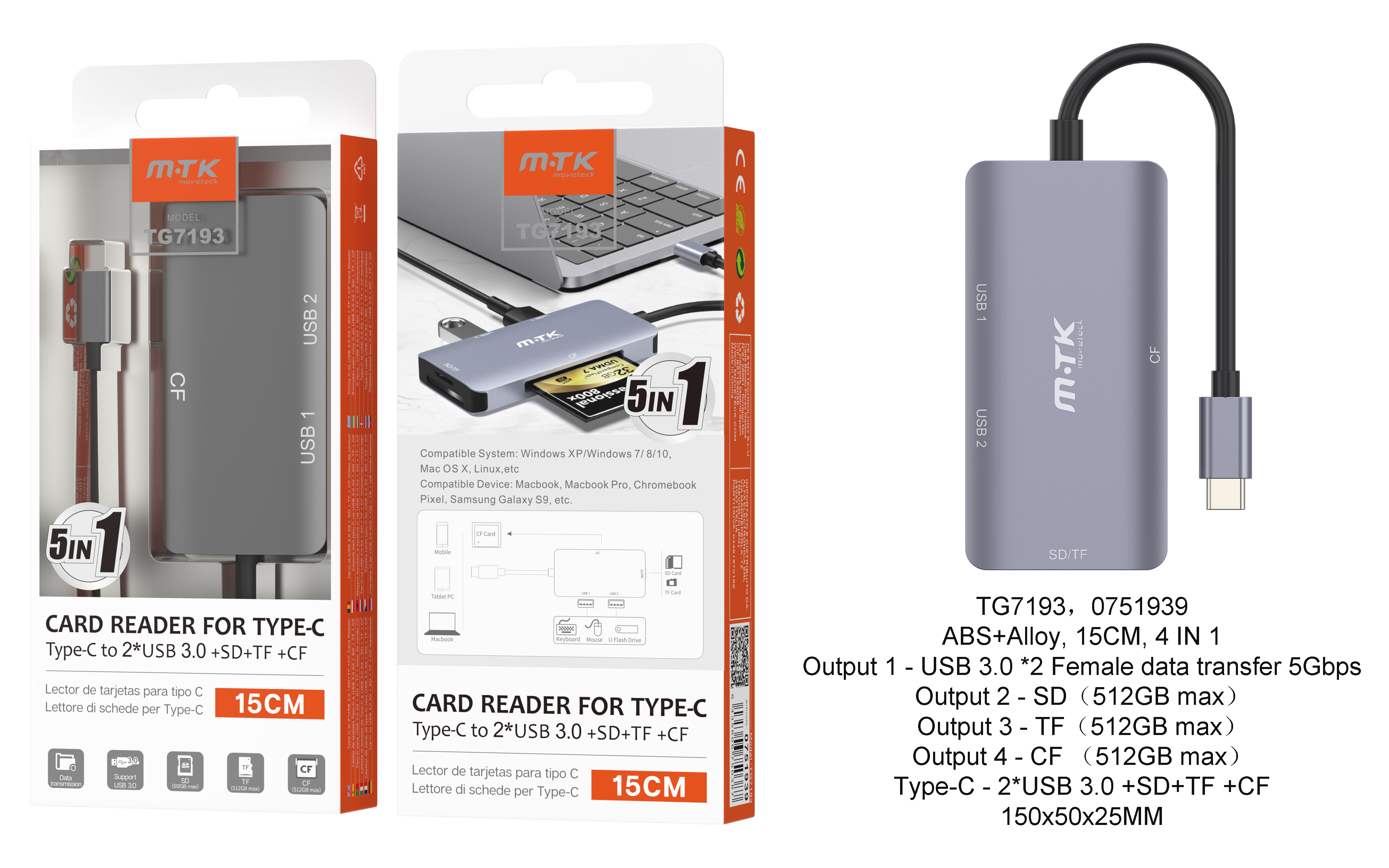 TG7193 GR Hub USB3.0 5 en 1, Type C a 2USB 3.0/Lector SD/Lector Micro SD/Lector CF, Longitud 0,12M, Gris