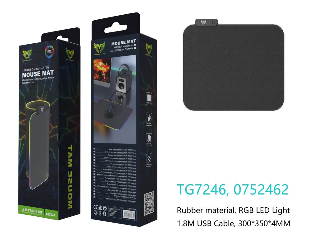TG7246 NE Alfombrilla Gaming para Raton con Luz RGB, 300*350*4mm, Cable USB 1.8M, Negro