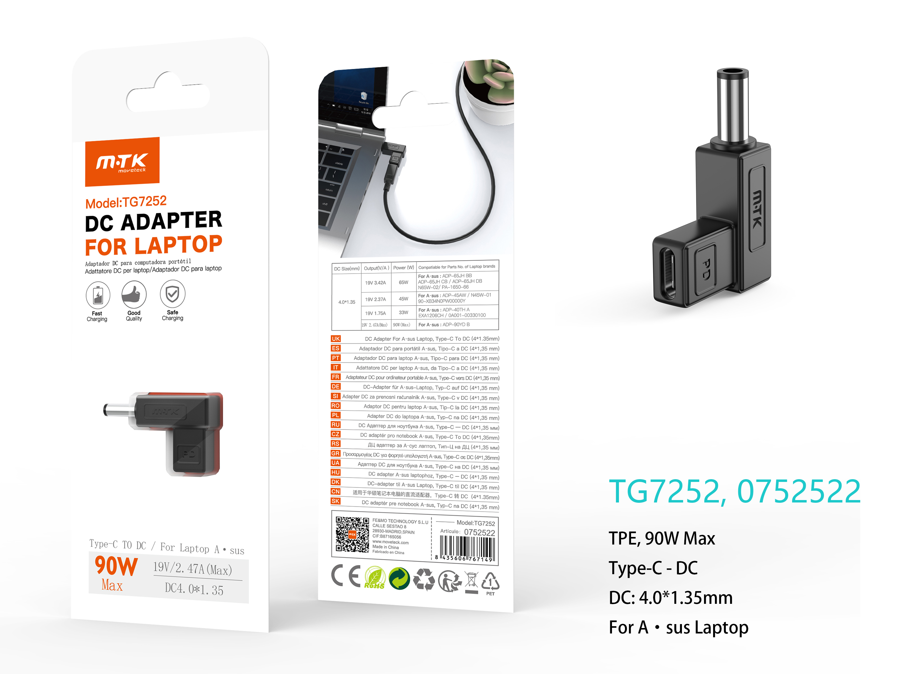 TG7252 NE Adaptador DC 4.0*1.35mm a Type-C (19V/2.47A/90W Max) para ordenador Portatil Asus, Negro