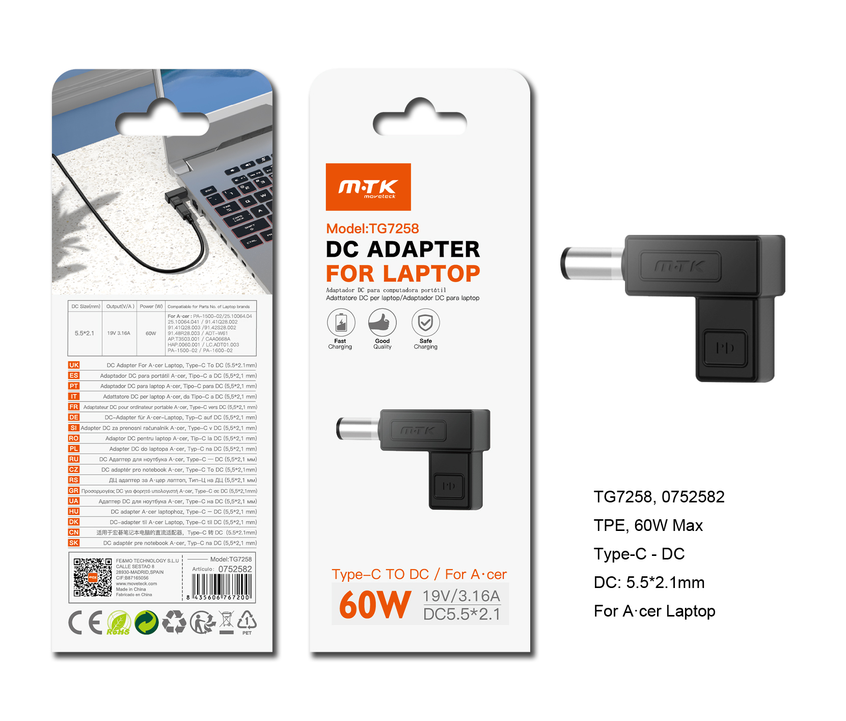 TG7258 NE Adaptador DC 5.5*2.1mm a Type-C (19V/3.16A/60W Max) para ordenador Portatil Acer, Negro