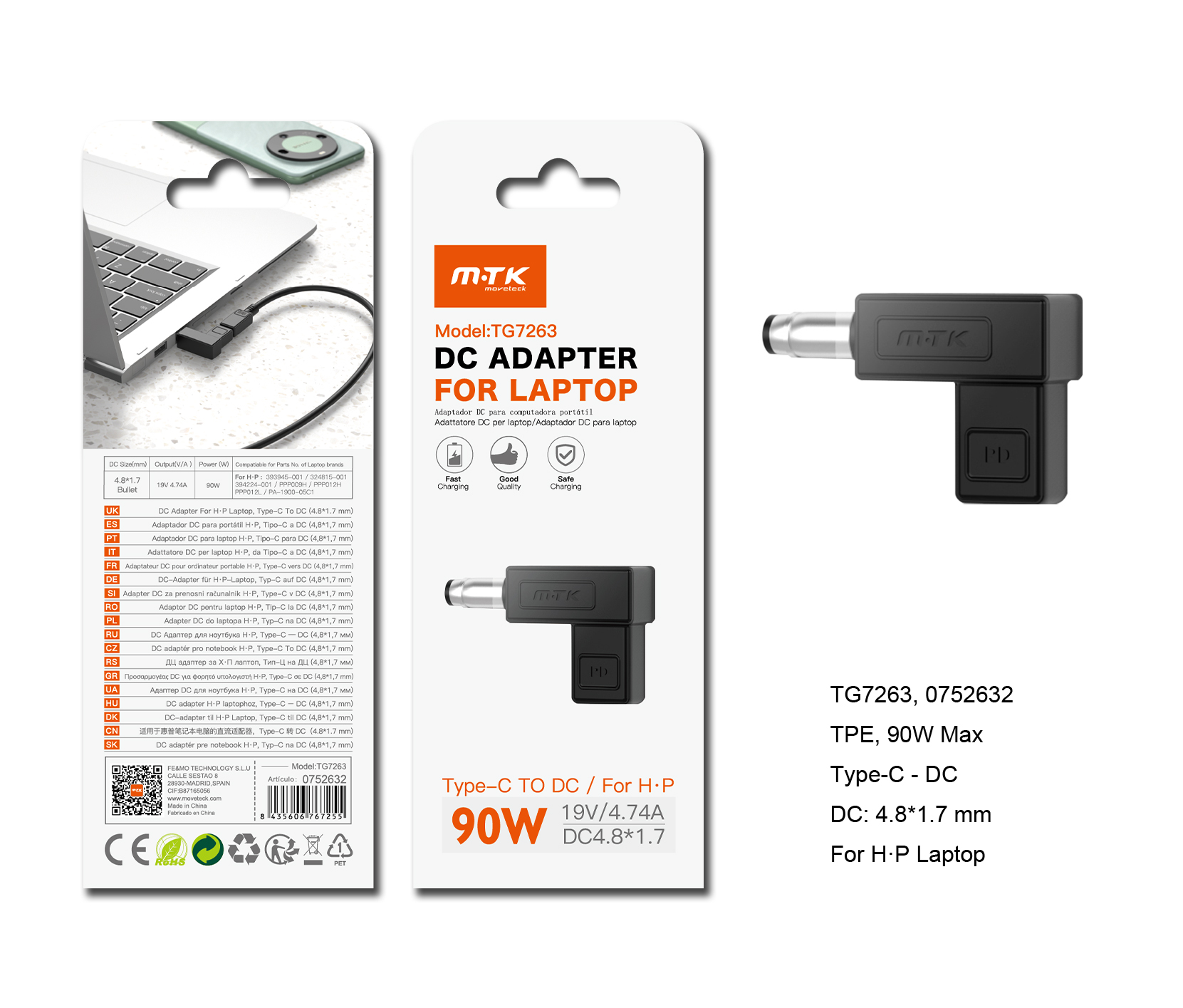 TG7263 NE Adaptador DC 4.8*1.7mm a Type-C (19V/4.74A/90W Max) para ordenador Portatil HP, Negro