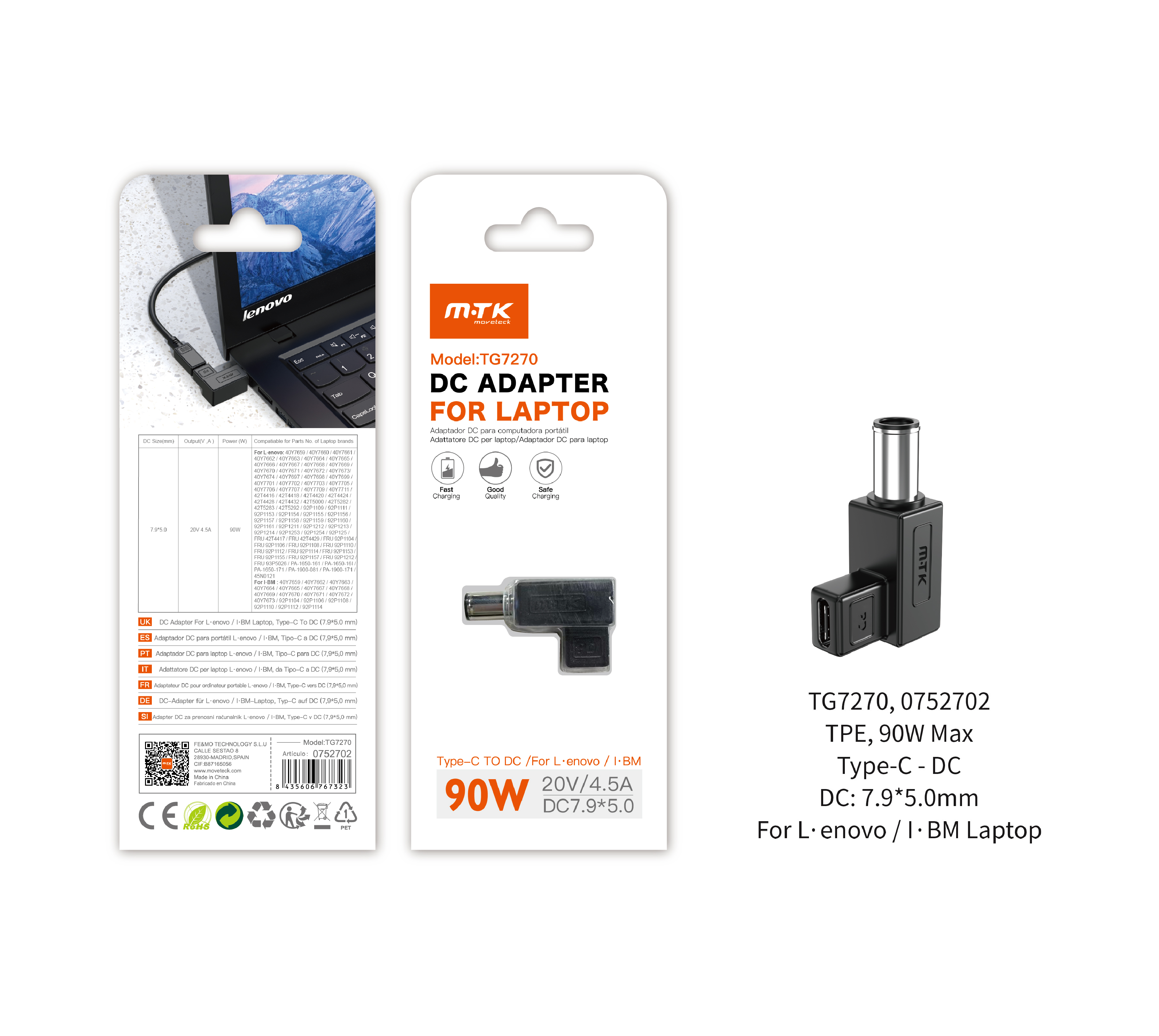 TG7270 NE Adaptador DC 7.9*5.0mm a Type-C (20V/4.5A/90W Max) para ordenador Portatil Lenova, Negro