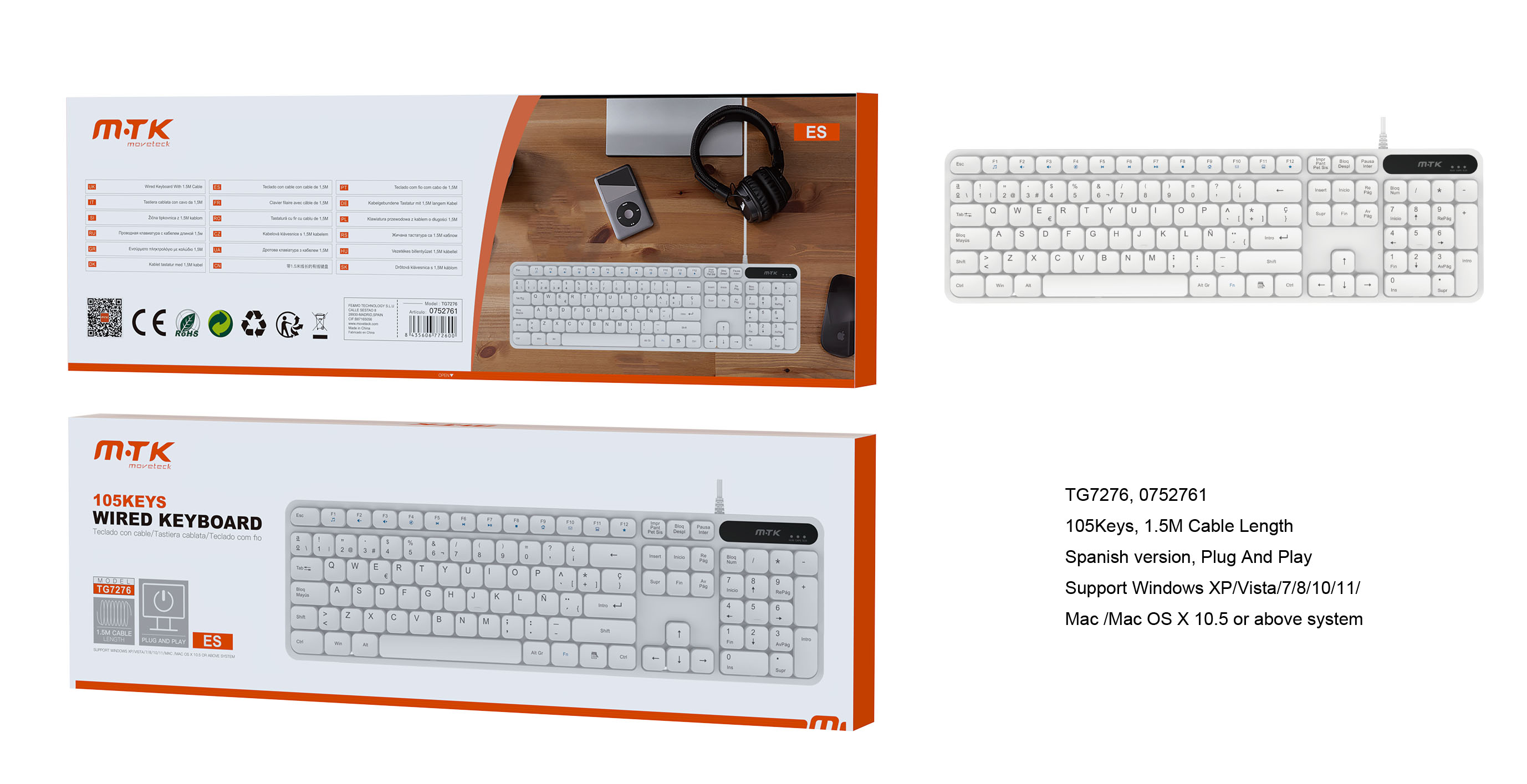 TG7276 BL Luxury Teclado Espanol 105 Keys, Cable 1.5M, Blanco