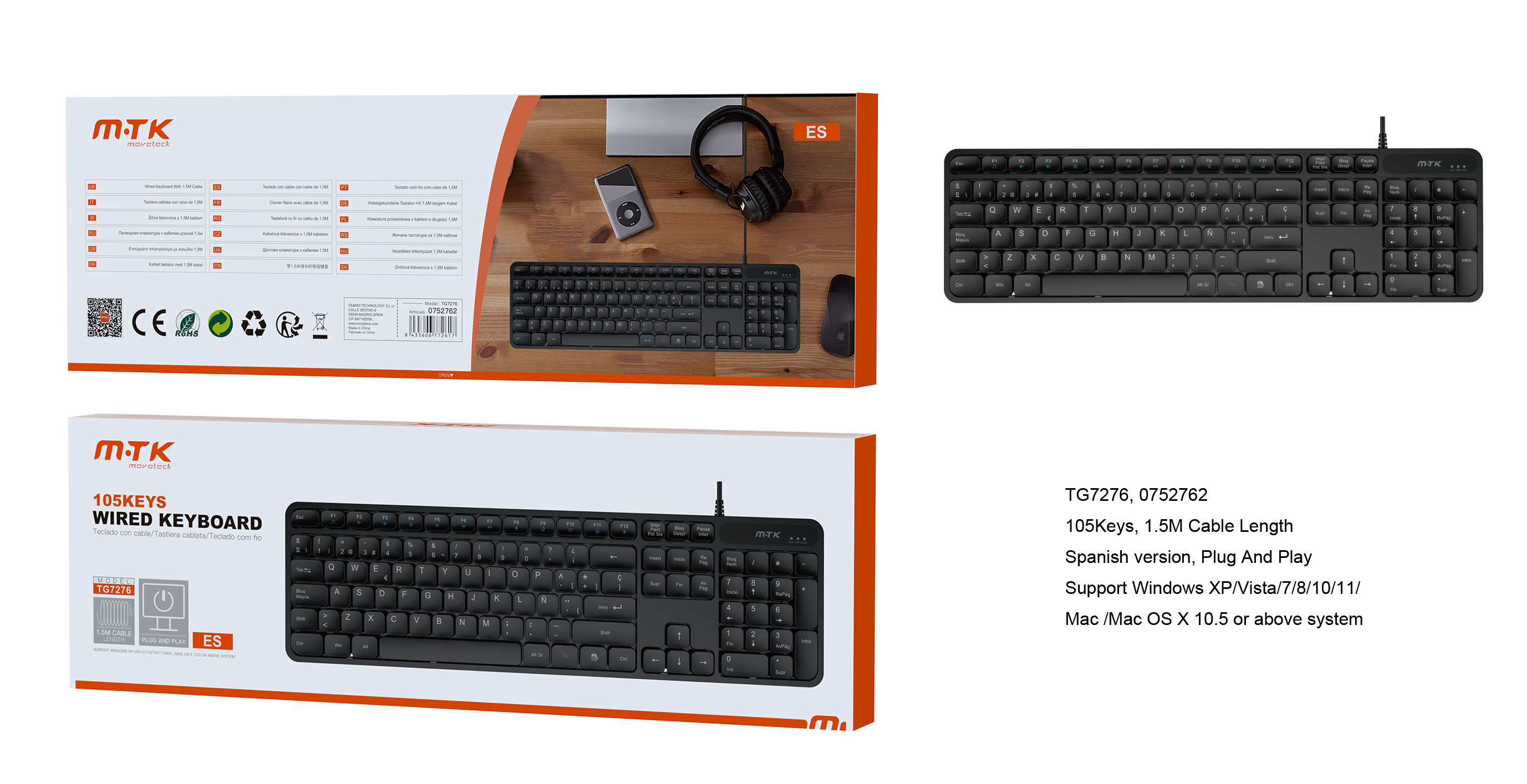 TG7276 NE Luxury Teclado Espanol 105 Keys, Cable 1.5M, Negro