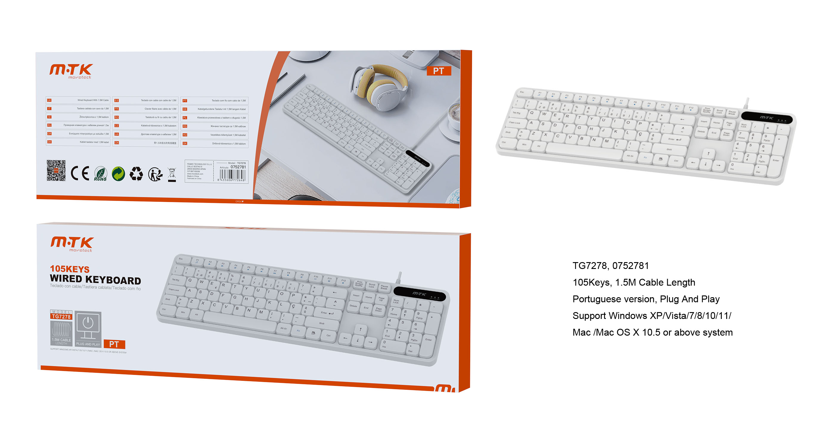 TG7278 BL Luxury Teclado Portugues 105 Keys, Cable 1.5M, Blanco