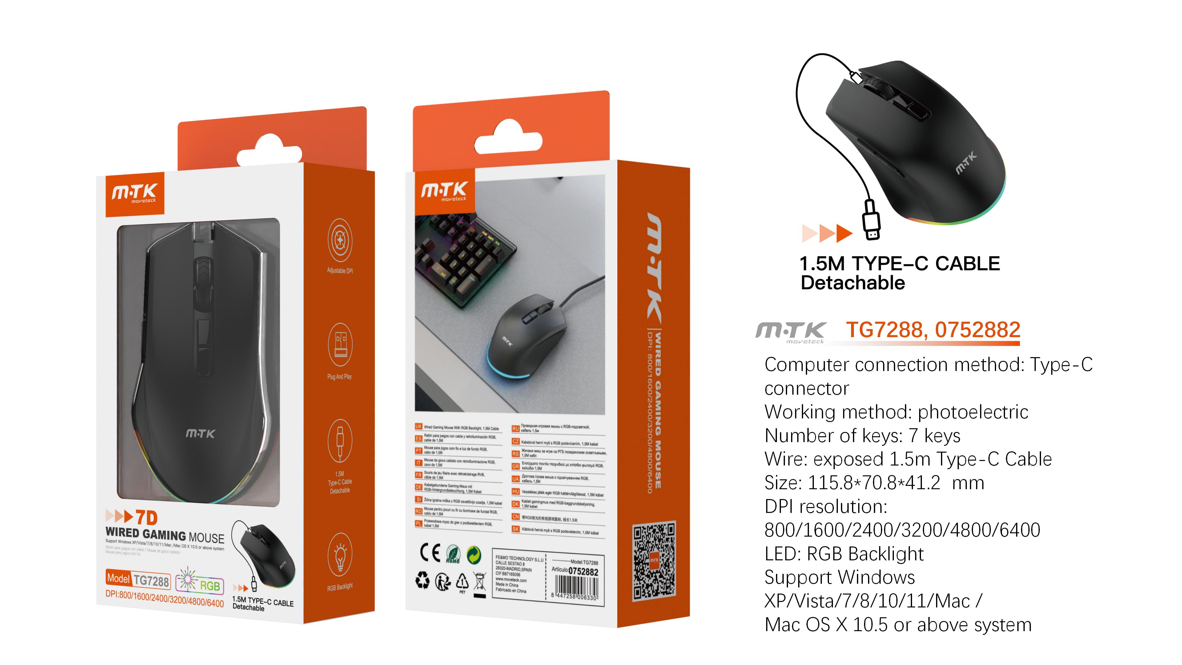 TG7288 NE Raton Gaming RGB Type-C optico 7D DPI 800-6400, Cable 1.5M,Negro