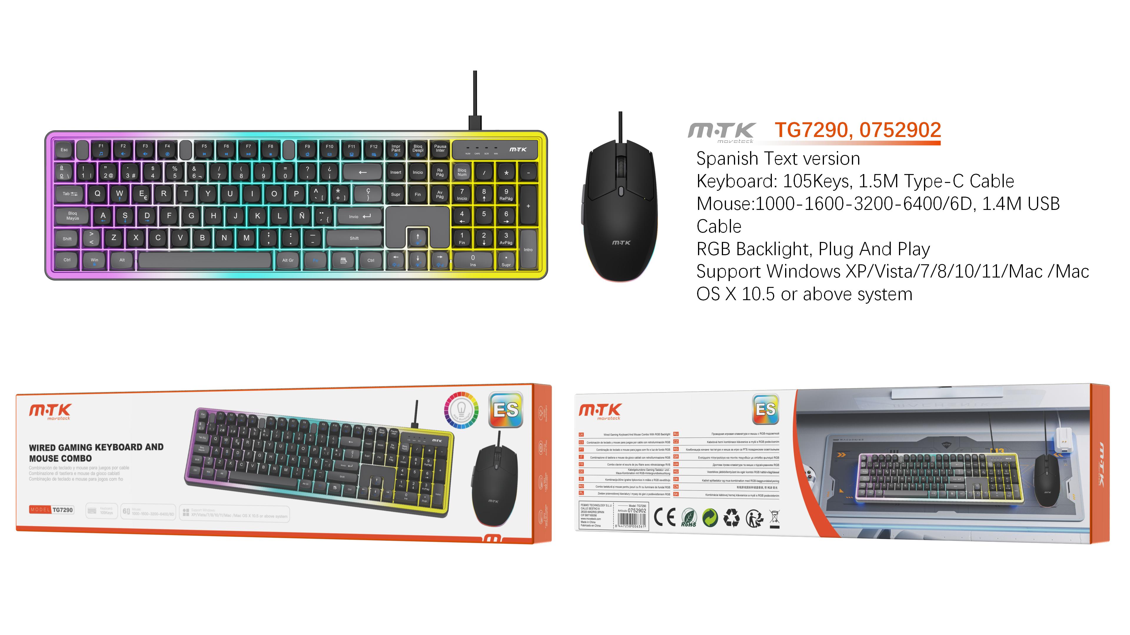 TG7290 NG Luxury Conjunto de teclado 105 keys y raton 6D silenciosos para Gaming, con luz RGB ambiente, 1.5M, DPI 1000 hasta 6400, Español, Negro+Gris