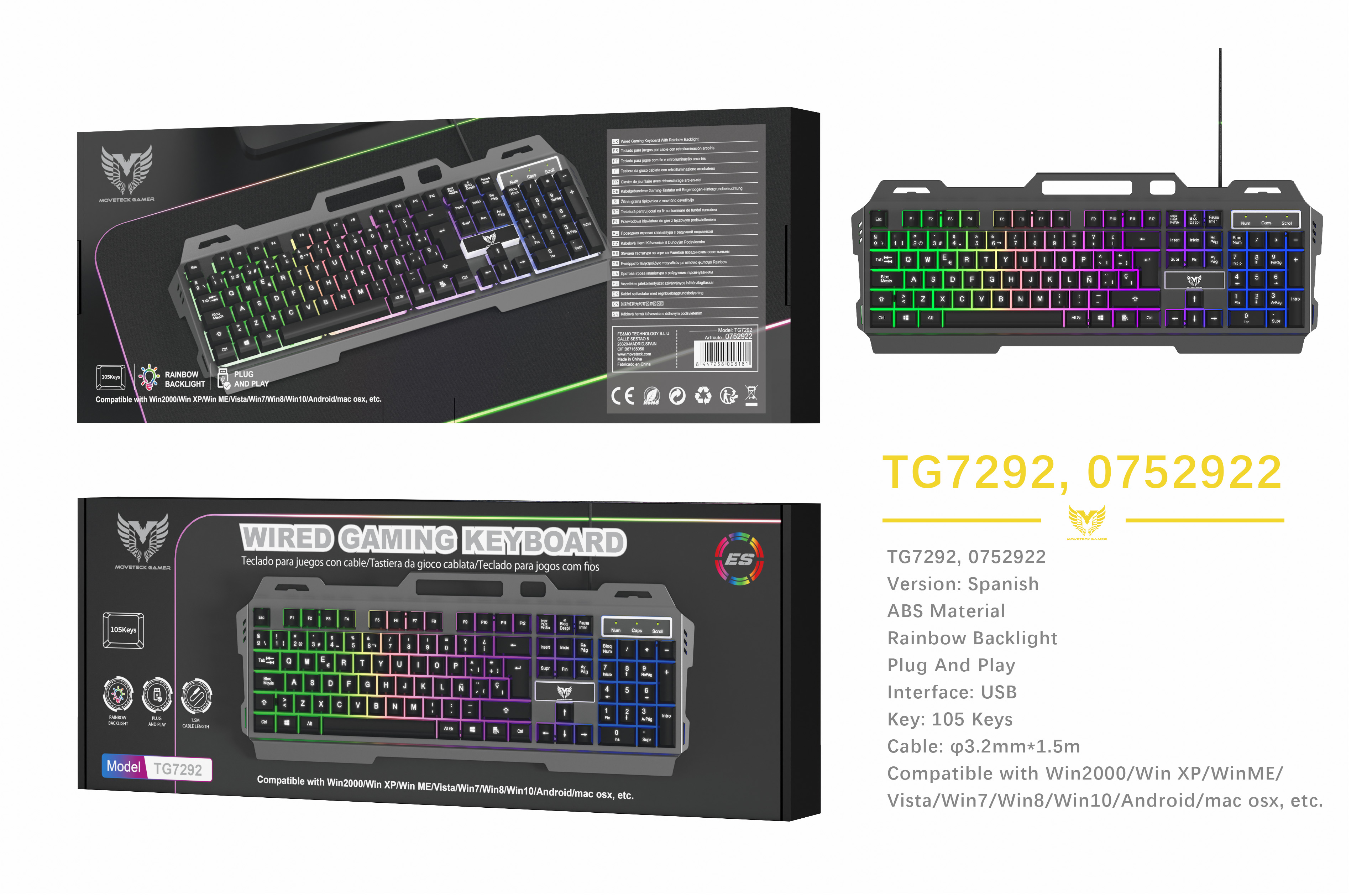 TG7292 NE Teclado Gaming Espanol 105 Keys, Con Luz ambiente, Cable USB 1.5M, Negro