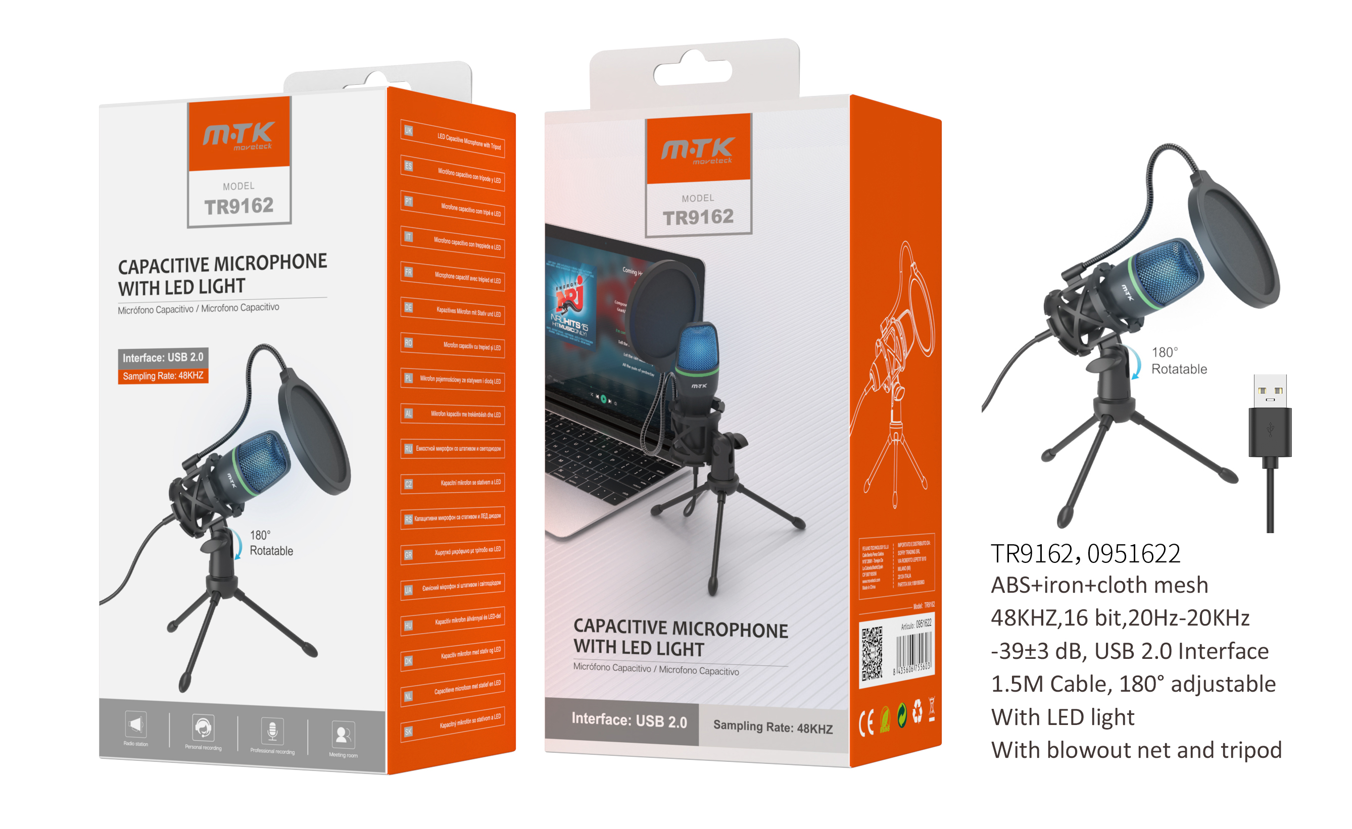 TR9162 NE Microfono de condensador con reduccion de ruido,Soporte de tripode ,con cable de USB 2.0,N