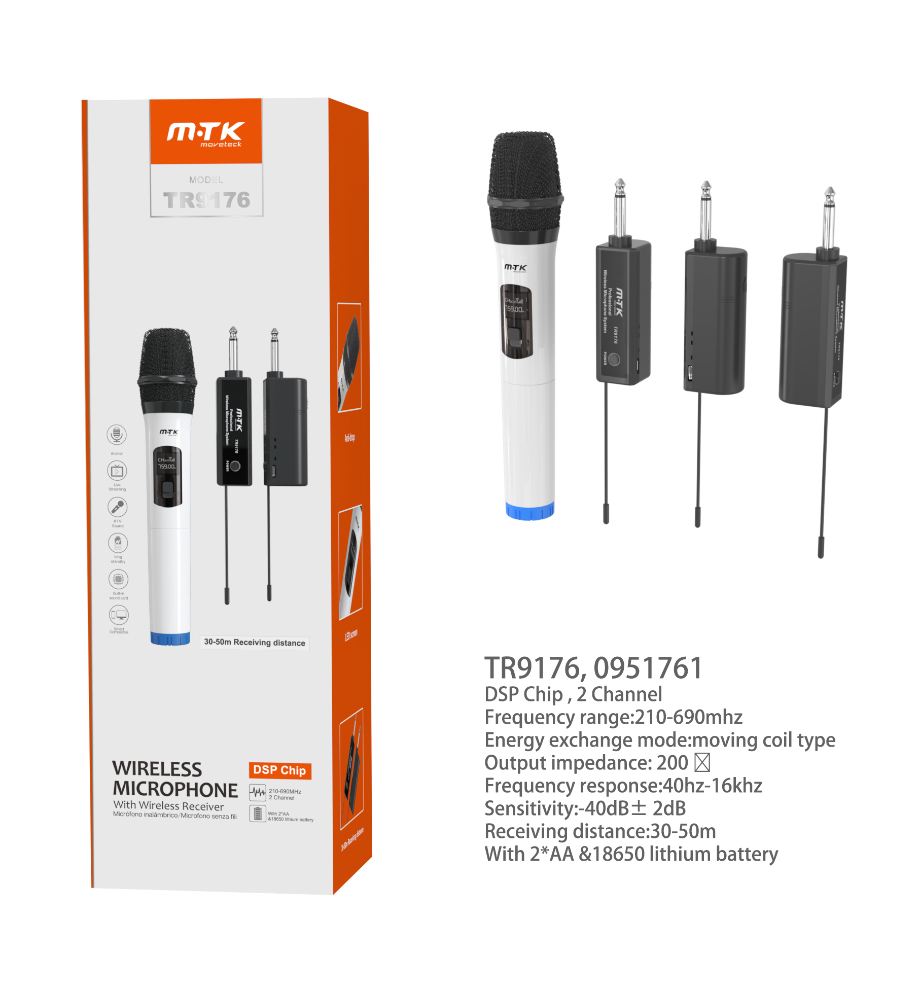TR9176 BL Microfono Inalambrico , con receptor (30-50m),Chip DSP, Doble Canal,  incluye bateria , Bl