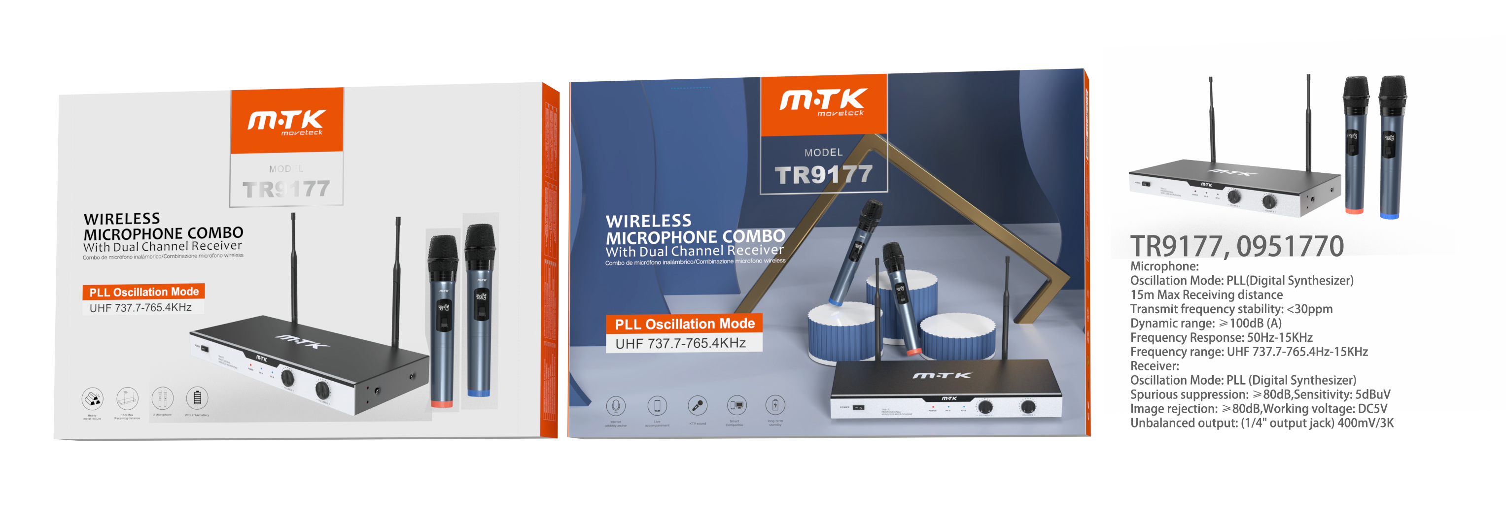 TR9177 NE Microfono Inalambrico frecuencia 737.7-765.4KHz, con receptor (15m Max)Modo PLL, Negro