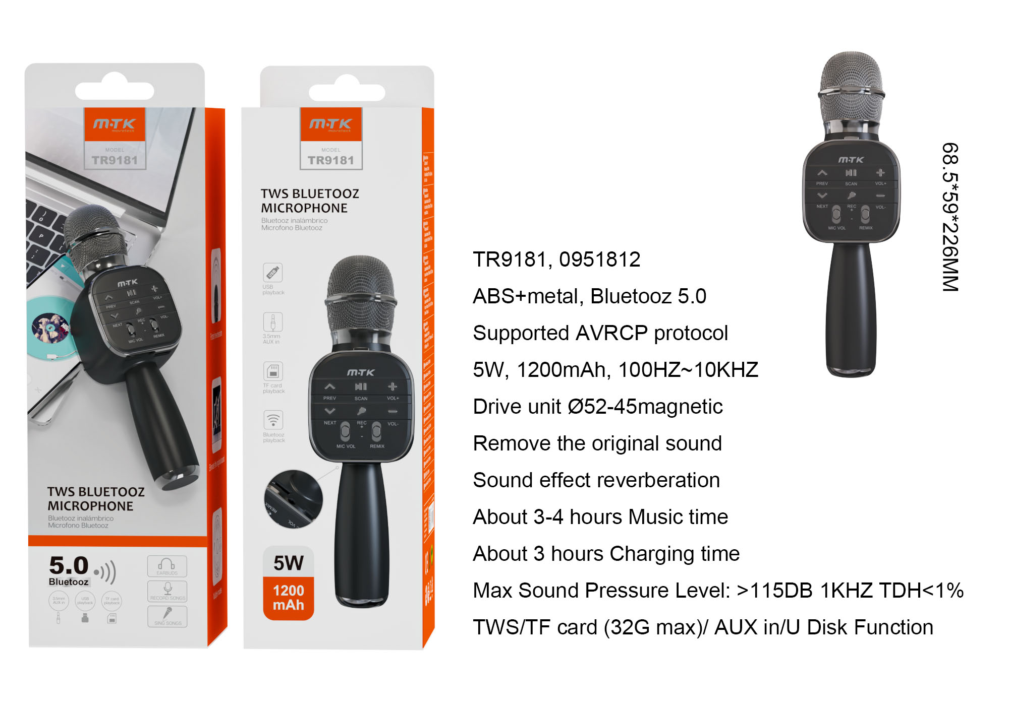 TR9181 NE Microfono TWS Bluetooth 5.0 AVRCP, Frecuncia100Hz-10KHz, Soporta Entrada de audio/USB/TF (32GMax), Bateria 1200mAh/5W, Negro