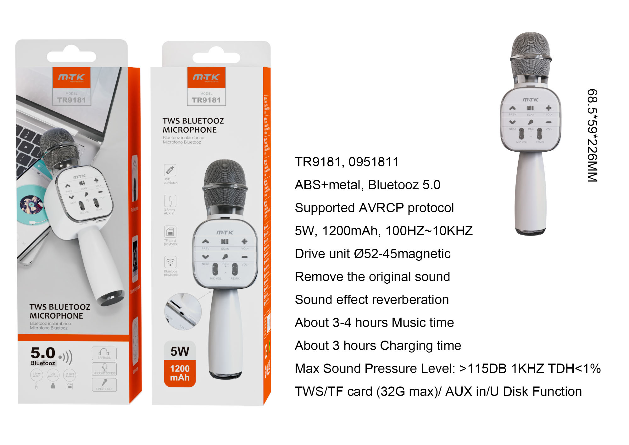 TR9181 NE+BL Microfono TWS Bluetooth 5.0 AVRCP, Frecuncia100Hz-10KHz, Soporta Entrada de audio/USB/TF (32GMax), Bateria 1200mAh/5W, Negro+Blanco