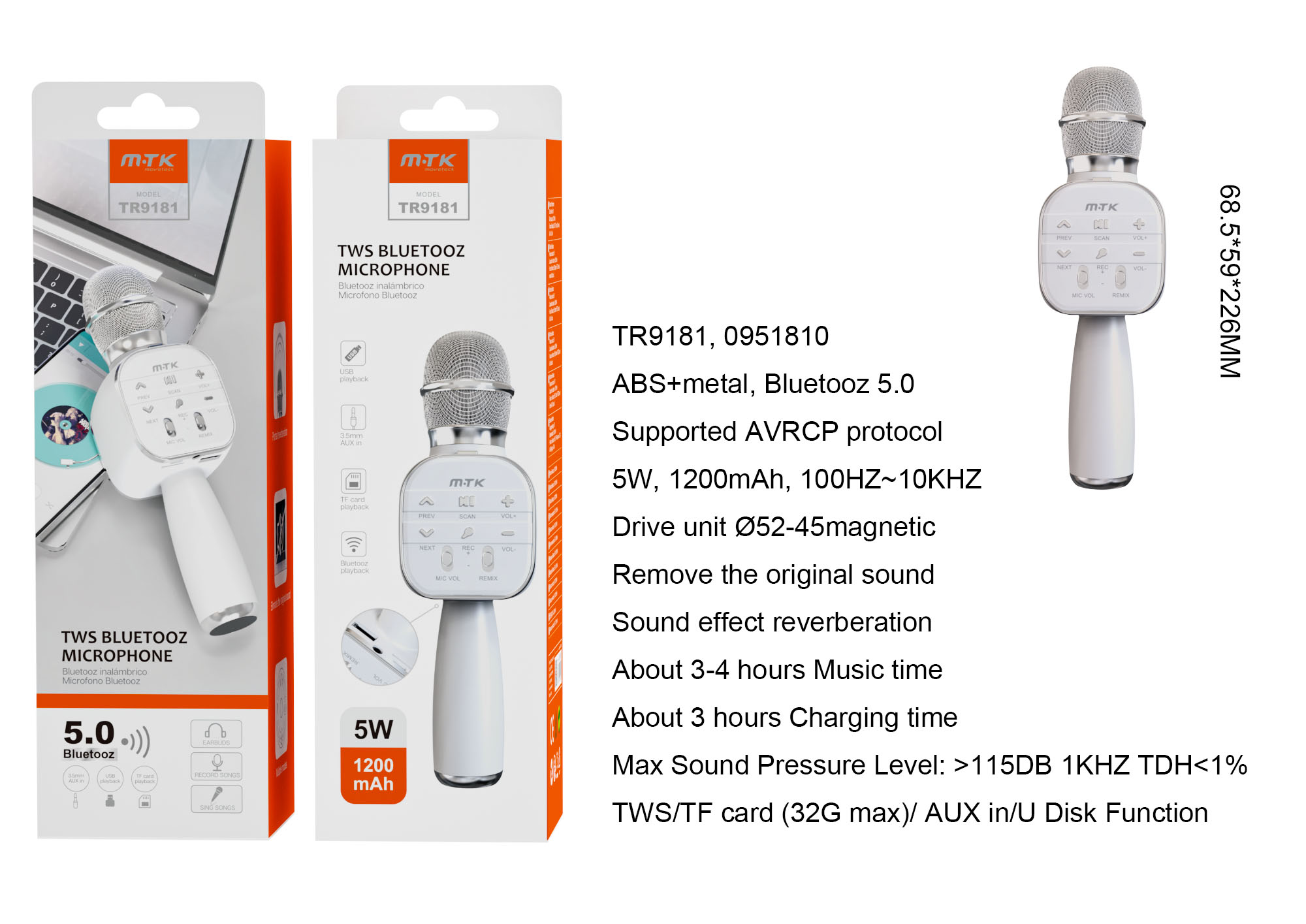 TR9181 PT+BL Microfono TWS Bluetooth 5.0 AVRCP, Frecuncia100Hz-10KHz, Soporta Entrada de audio/USB/TF (32GMax), Bateria 1200mAh/5W, Plata+Blanco