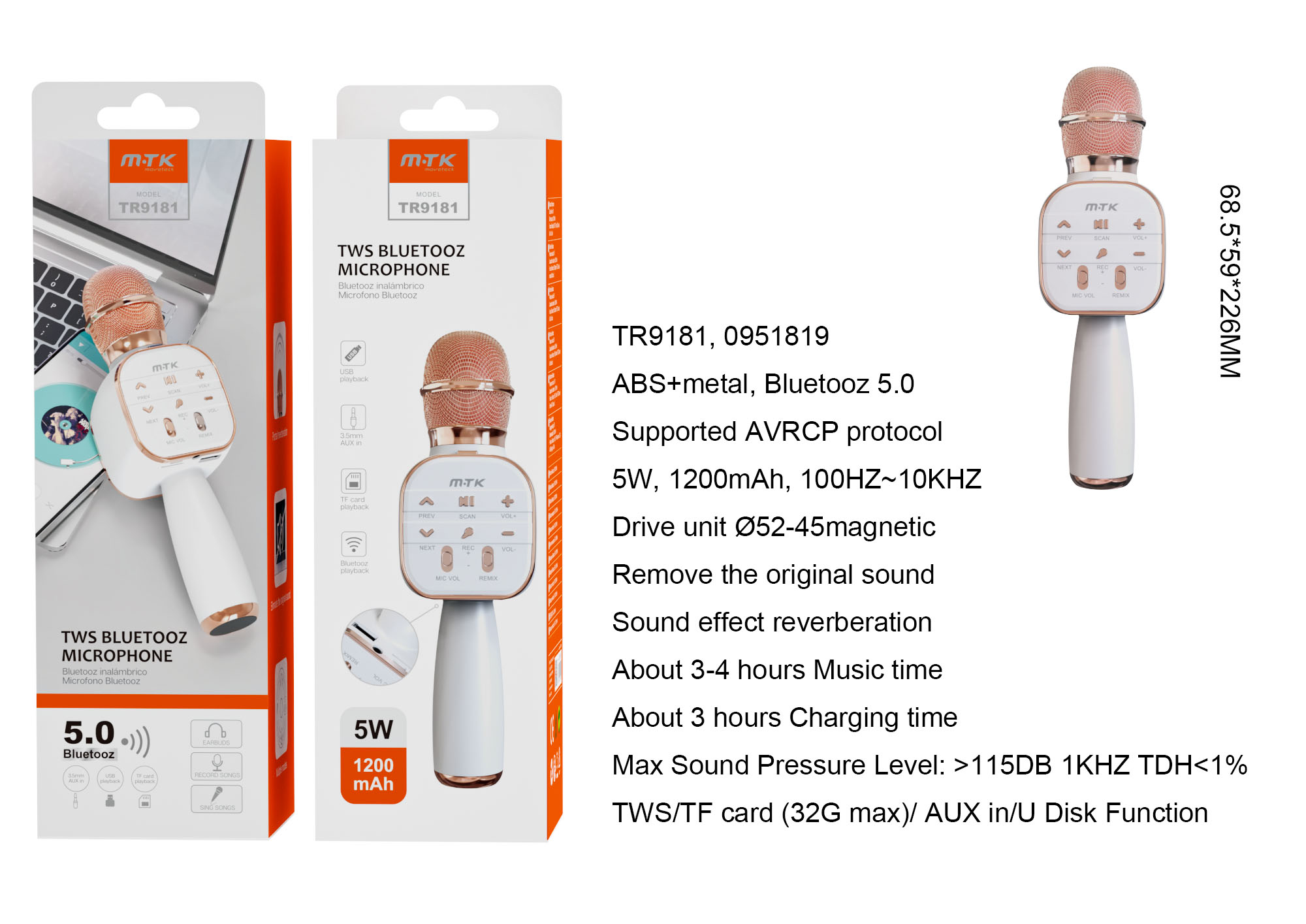 TR9181 RS+OR Microfono TWS Bluetooth 5.0 AVRCP, Frecuncia100Hz-10KHz, Soporta Entrada de audio/USB/TF (32GMax), Bateria 1200mAh/5W, Rosa+Oro