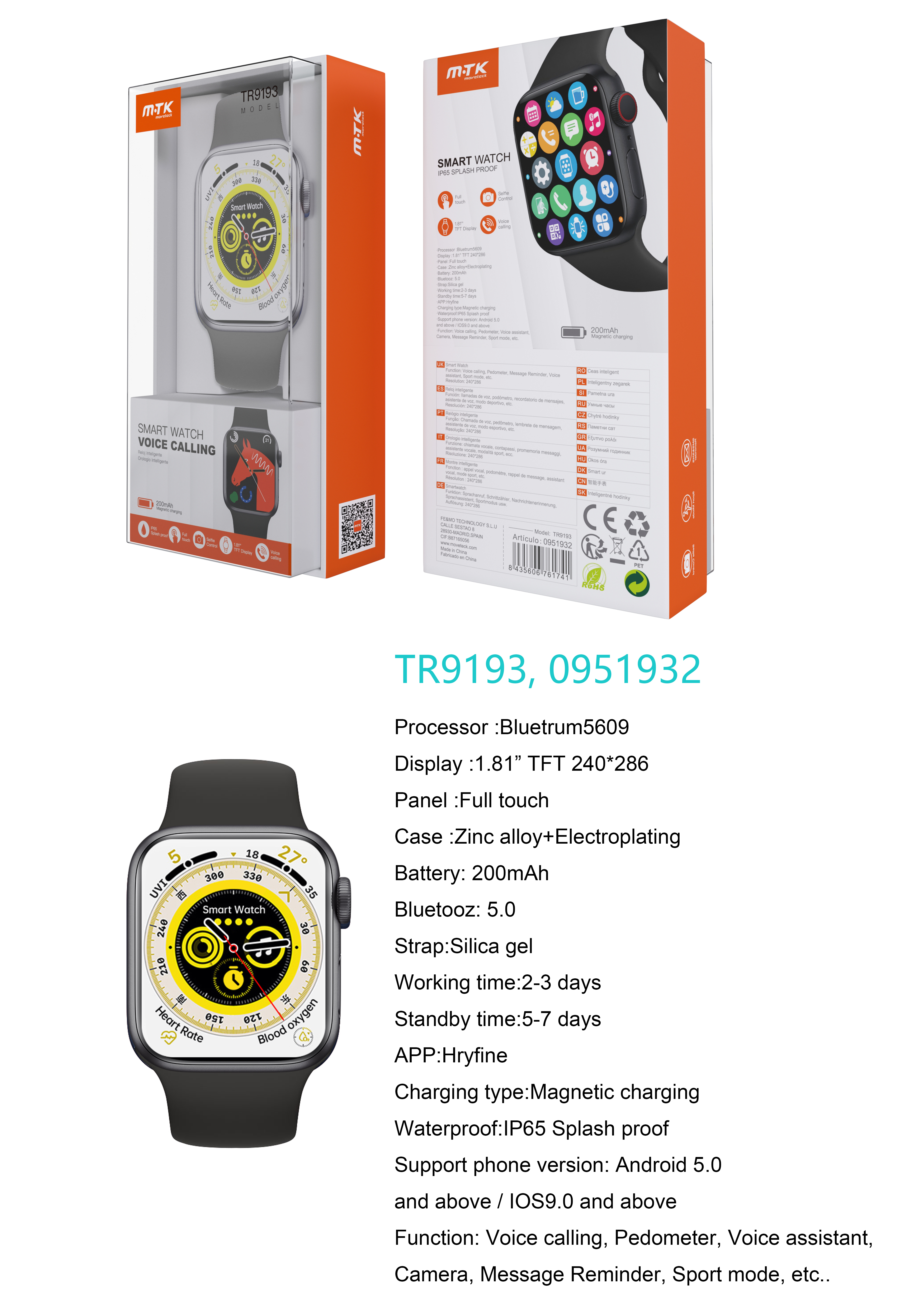 TR9193 NE Reloj Inteligente con bluetooth 5.0, Pantalla tactil de 1.81 pulgadas, Soporta llemadas, Asistente de Voz,Impermeable IP65, Bateria 200mAh,