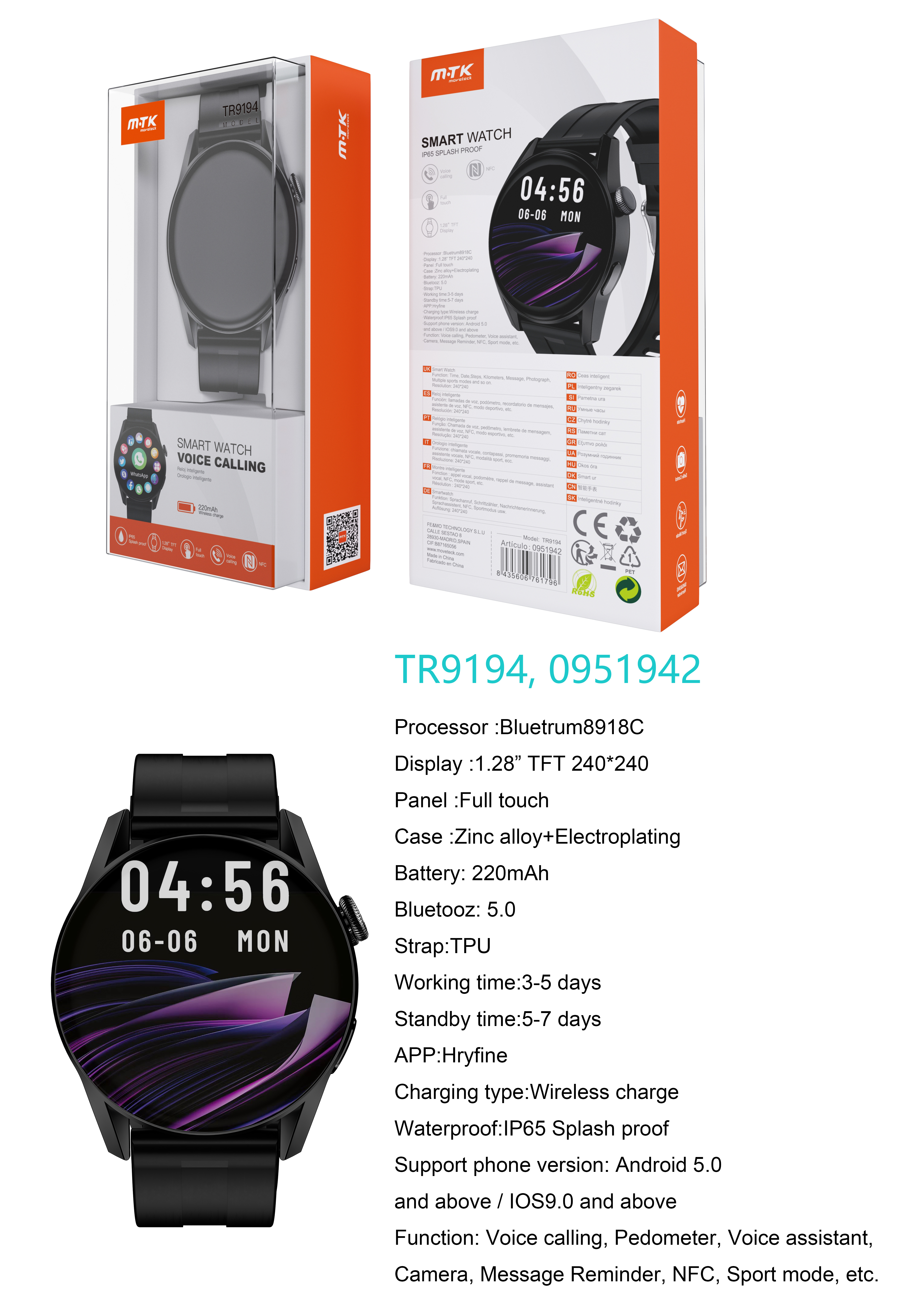 TR9194 NE Reloj Inteligente con bluetooth 5.0, Pantalla tactil de 1.28 pulgadas, Soporta NFC, llemadas, Asistente de Voz,Impermeable IP65, Bateria 220