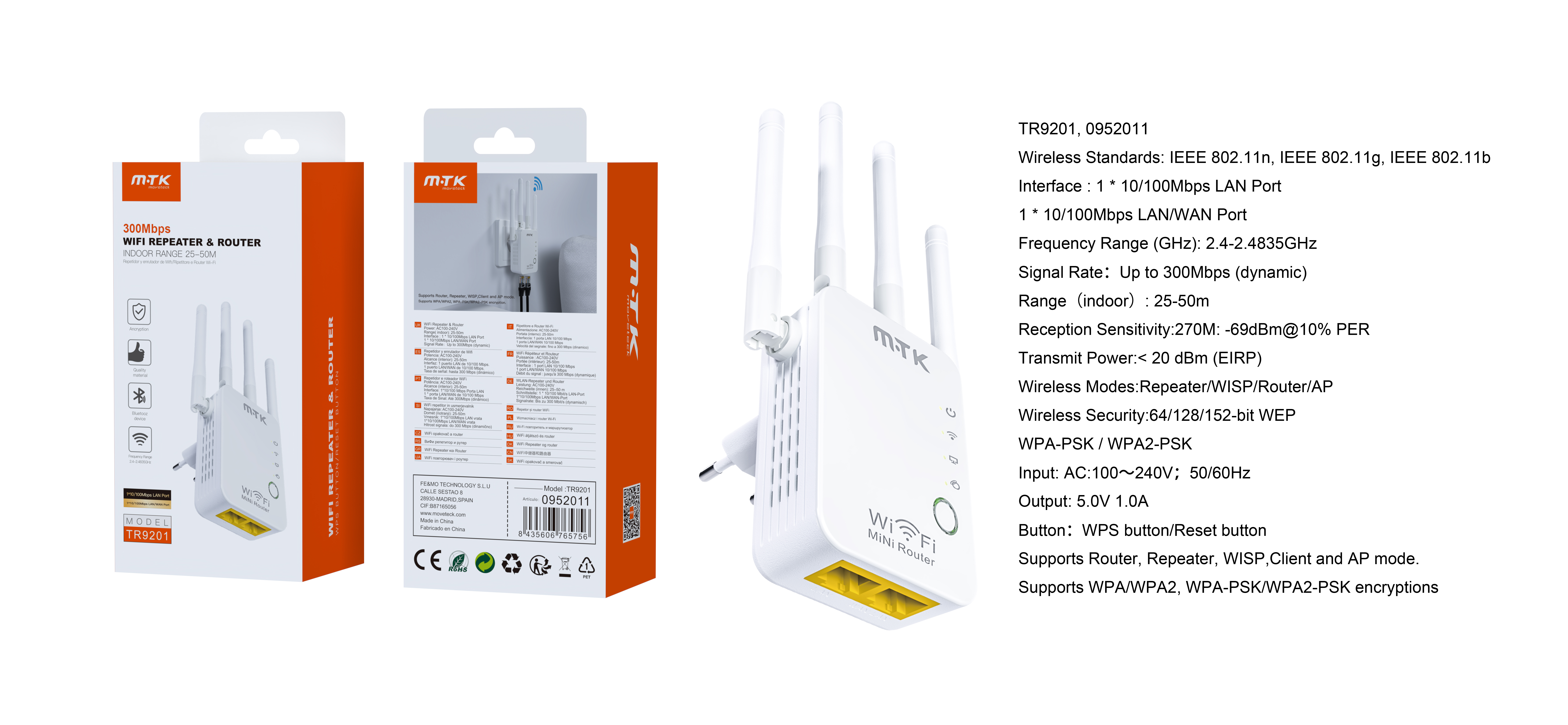 TR9201 BL Mini Router con funcion de Repetidor de WIFI 2.4GHz, Velocidad 300Mbps, Blanco