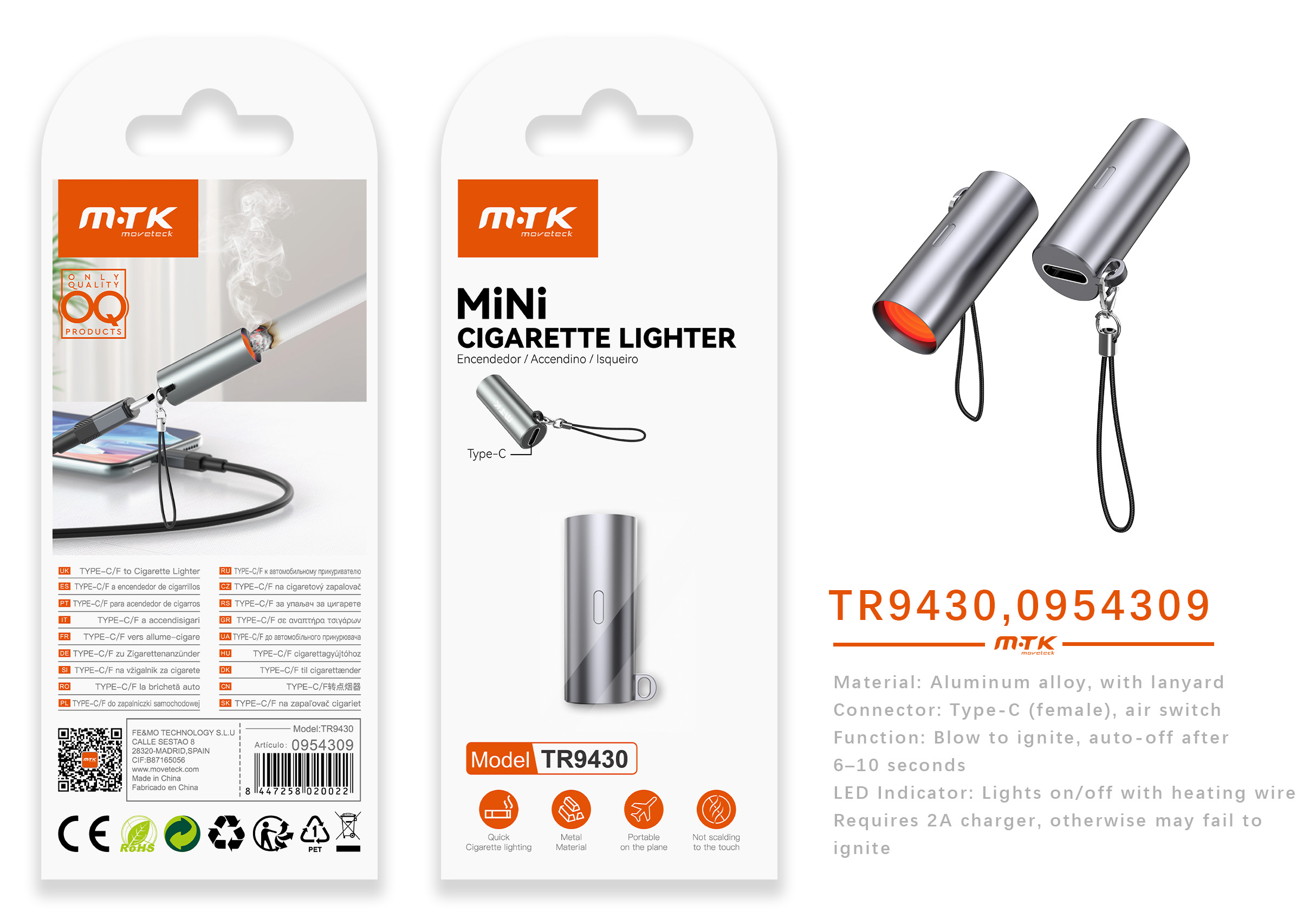 TR9430  GR Adaptador aluminio type-c con correa para encendedor de cigarrillos, Gris