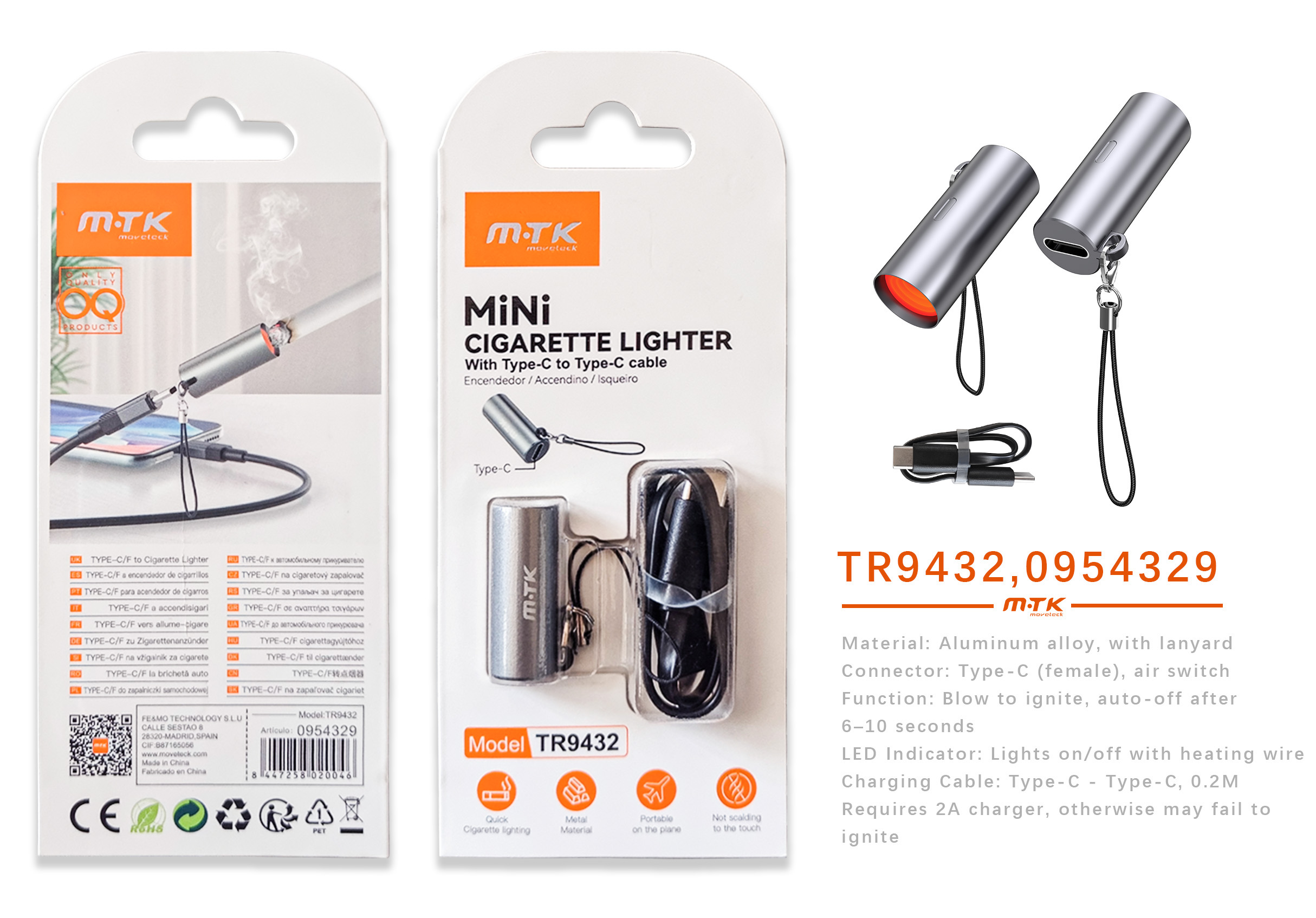 TR9432  GR Adaptador aluminio type-c con correa para encendedor de cigarrillos,Con cable type-C a ty