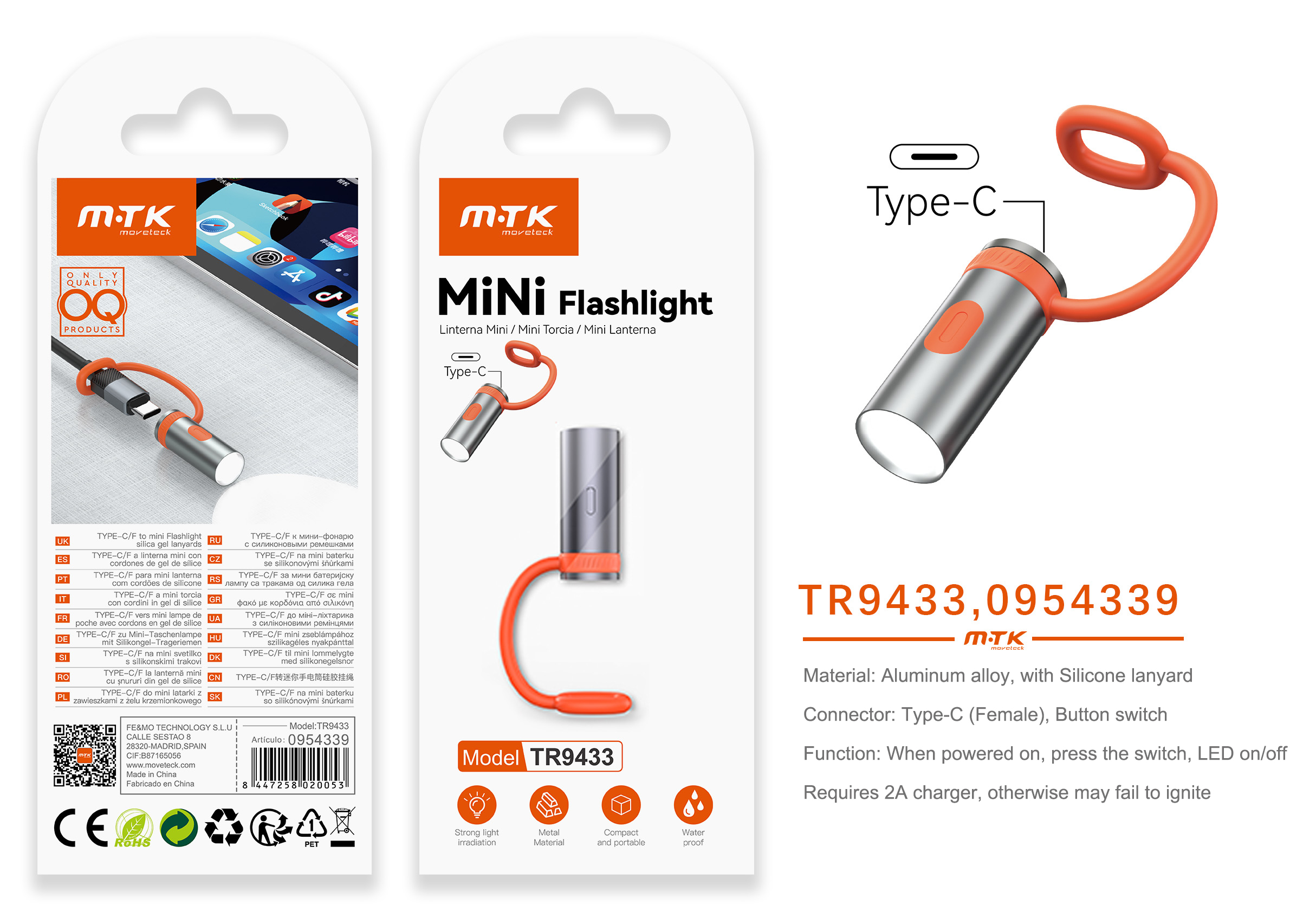 TR9433  GR Adaptador linterna de aluminio type-c con correa , Gris