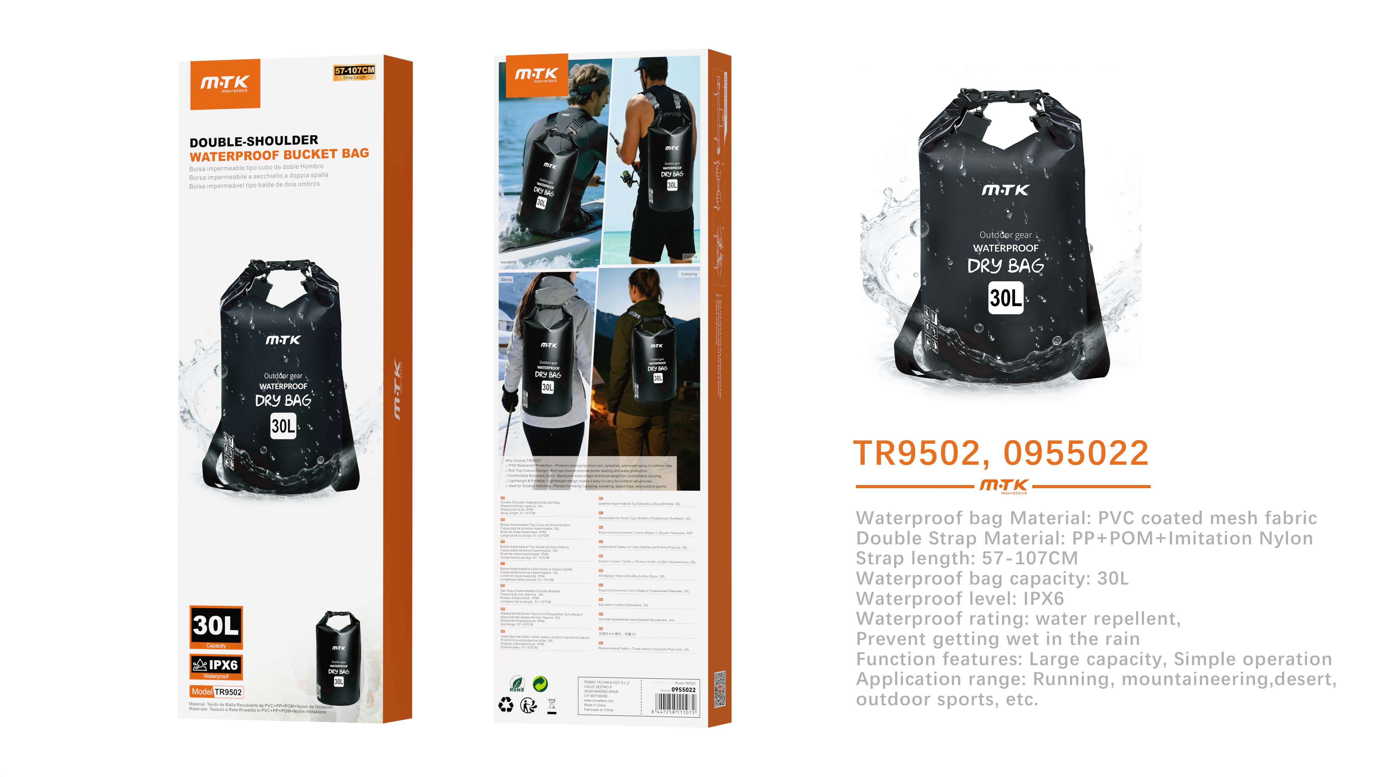 TR9502 NE Bolsa impermeable doble espalda capacidad 30L,IPX6,correa 57-107cm Resistente al agua, Neg