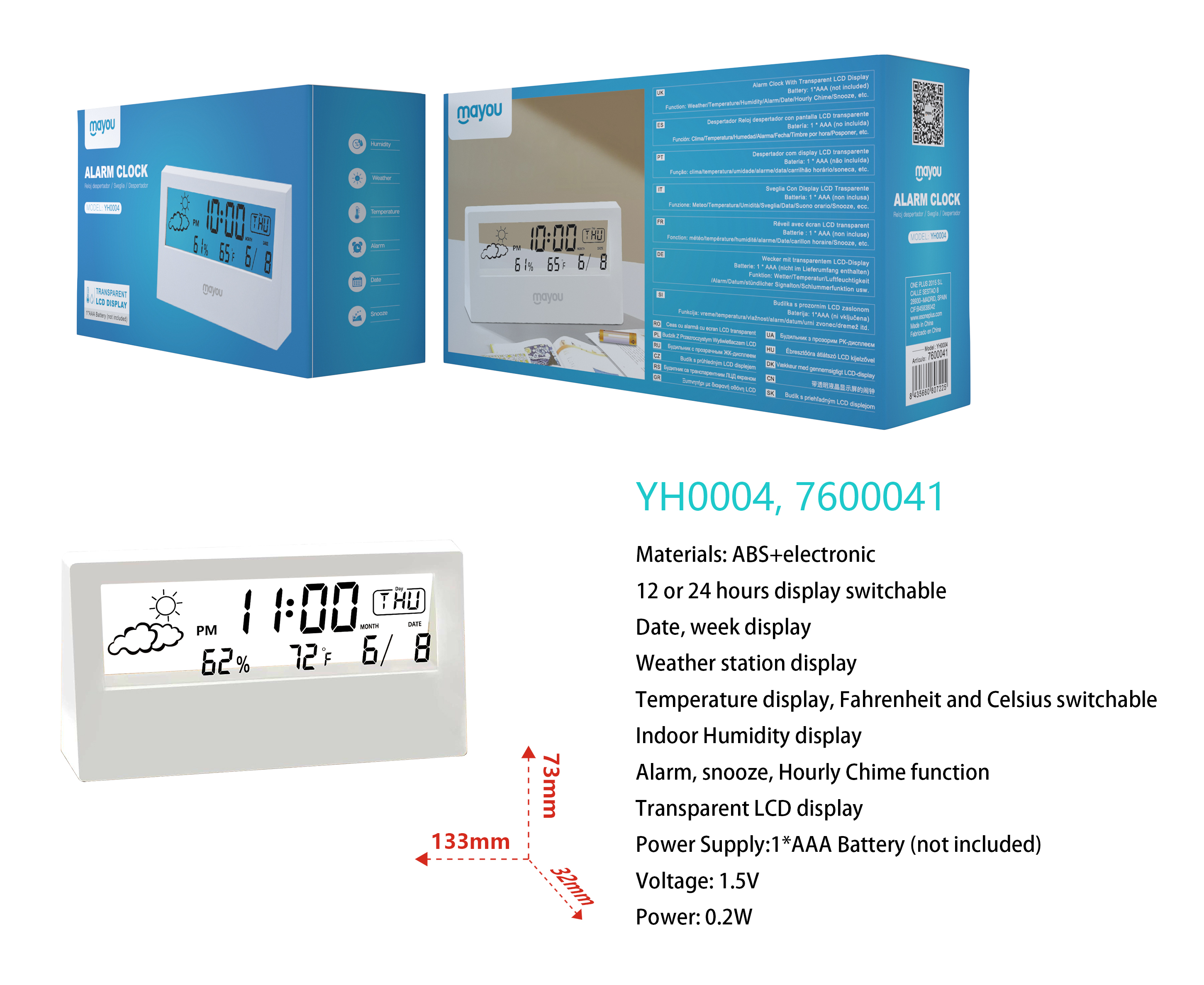 YH0004 BL Reloj Despertador digital 12/24h,con indicador clima, temperatura y humedad,bateria AAAx1(No Incluido), Blanco