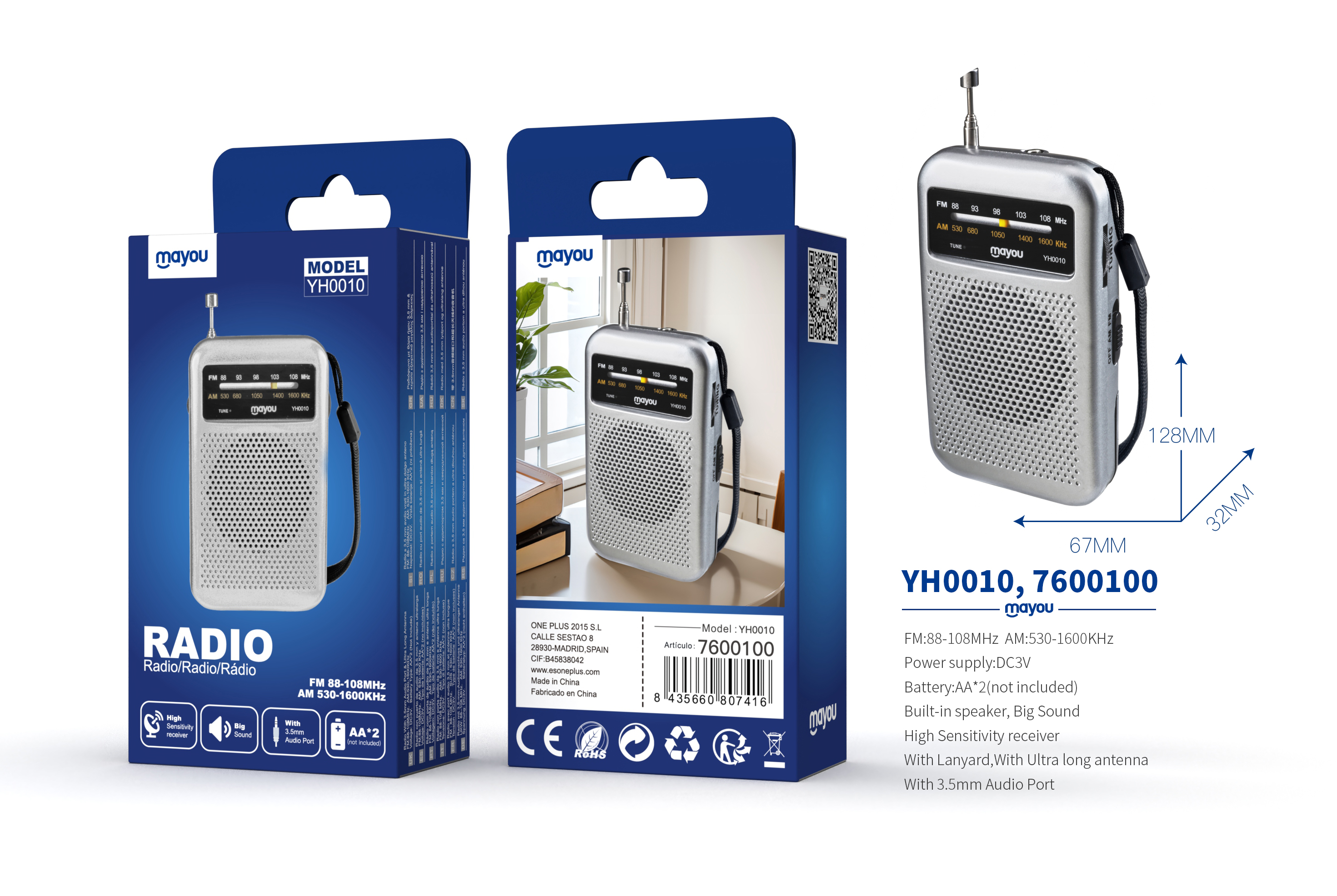 YH0010 PT Radio portatil AM/FM con Antena y correa , Entrada de jack 3.5mm, Bateria 2*AA (No incluid